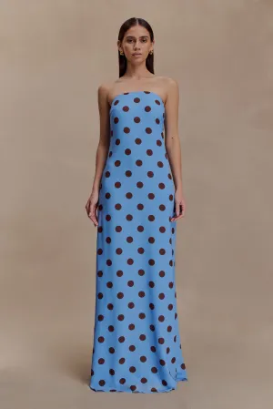 Grass Soft Amaya Strapless Chiffon Maxi Dress - Blue Polka Dot