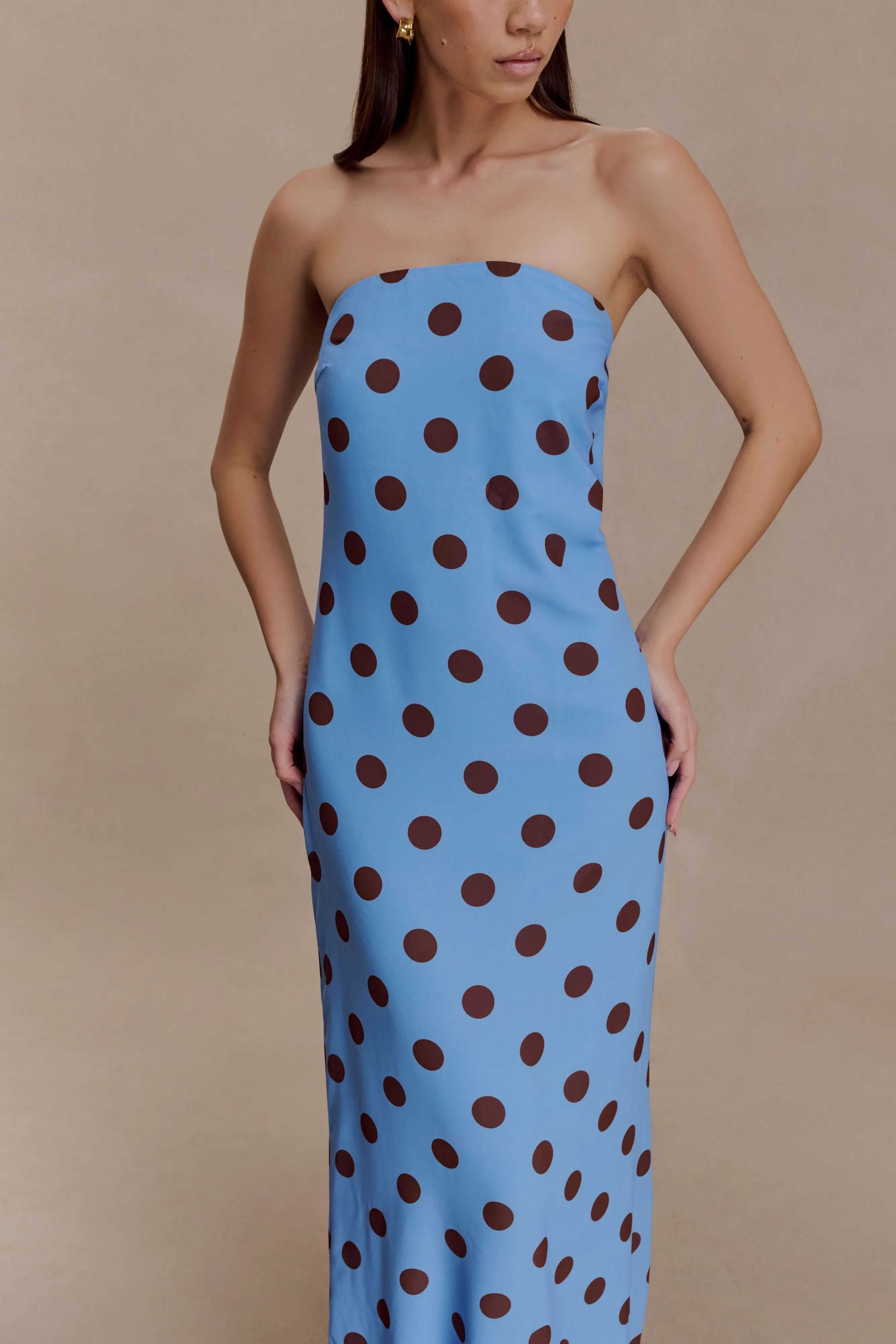 Weekend Casual Amaya Strapless Chiffon Maxi Dress - Blue Polka Dot