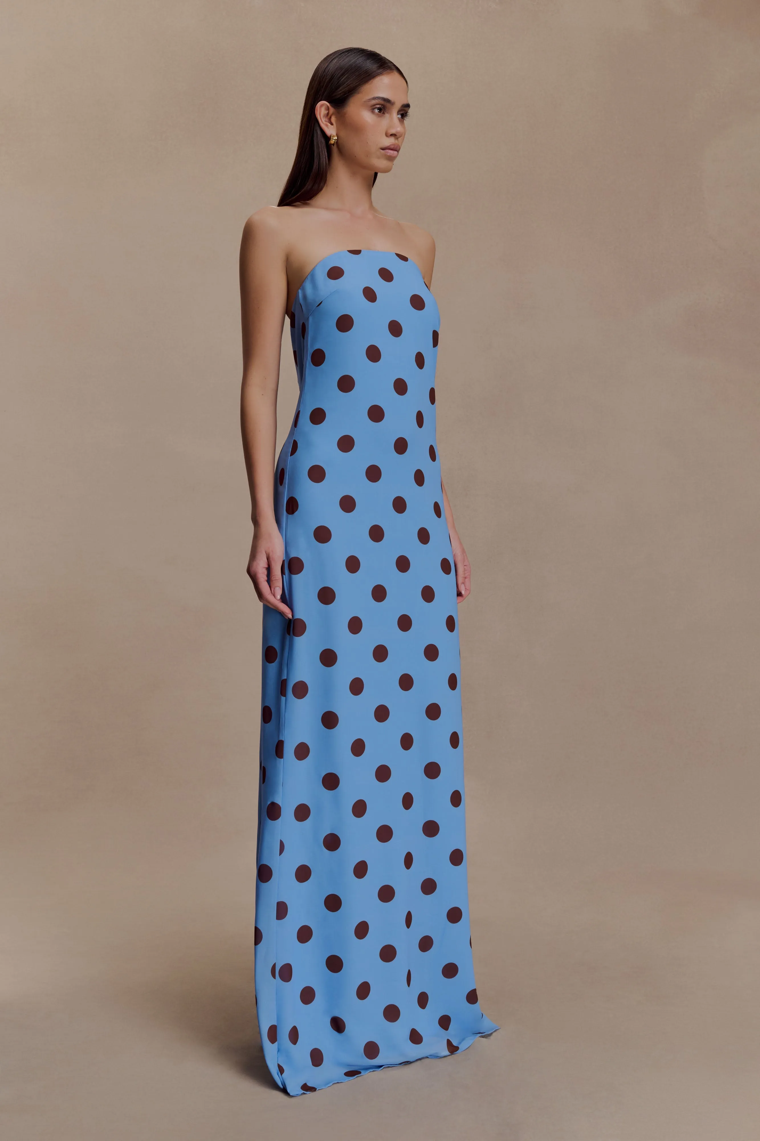 Fitted Design Polished Motion Amaya Strapless Chiffon Maxi Dress - Blue Polka Dot