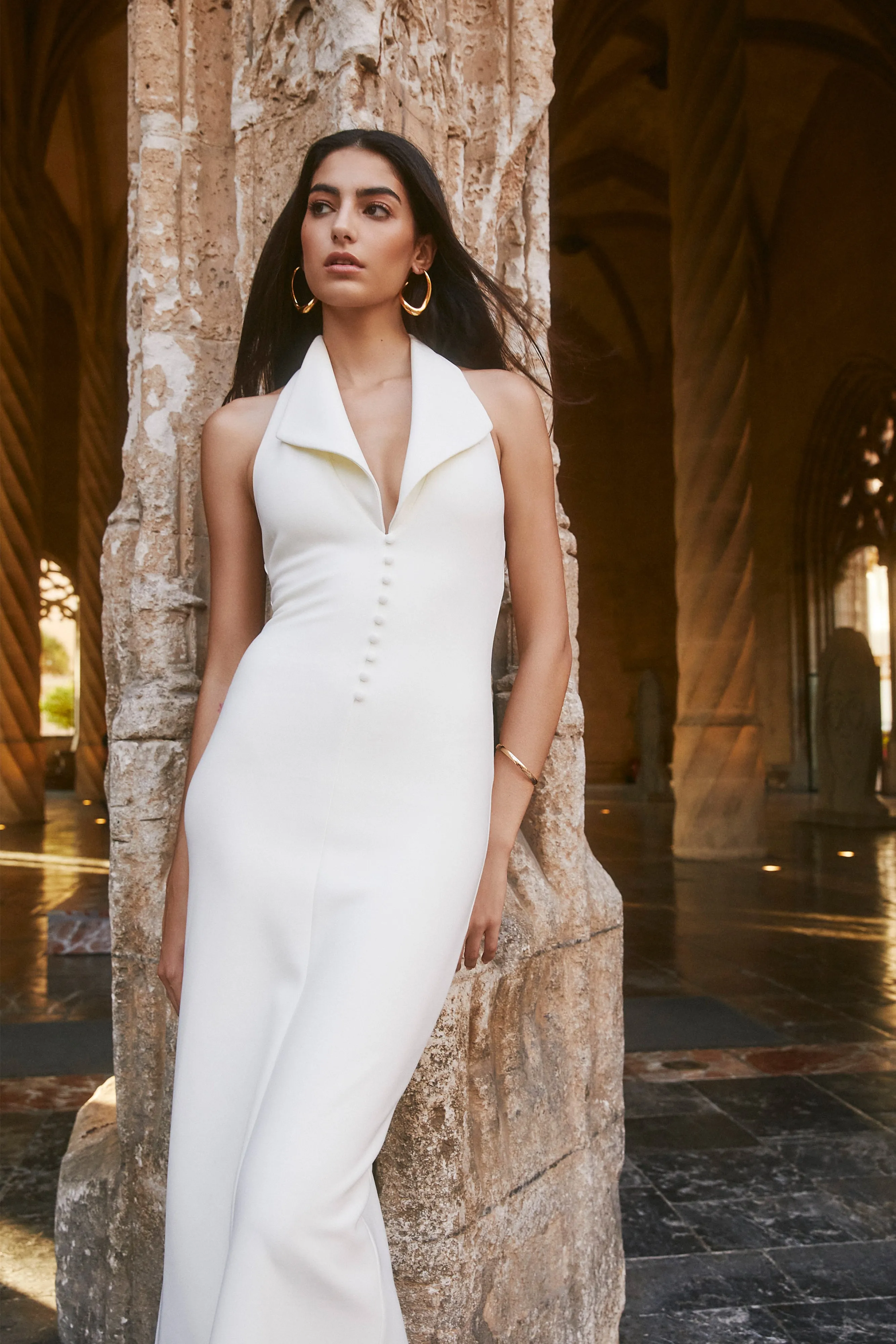 Annita Crepe Halter Midi Dress - Ivory Subtle Flow