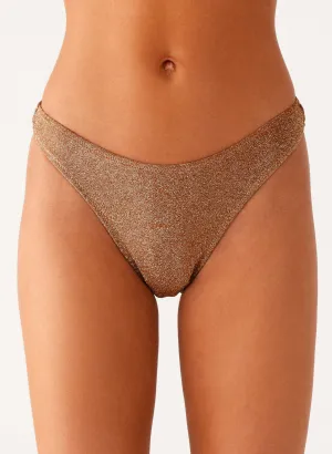Sun Spell Bikini Bottom - Gold Lightweight Compression Material Mesh-Panels