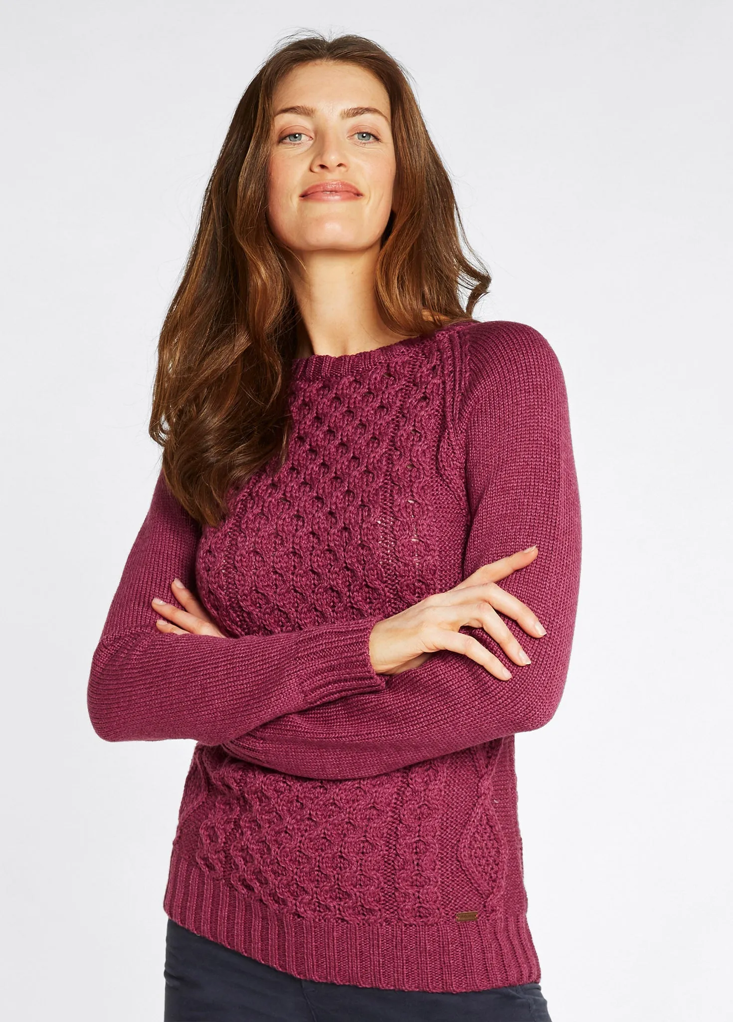 Garment Dye Process Shanley Women's Irish Knit Merino Aran Sweater - Clover