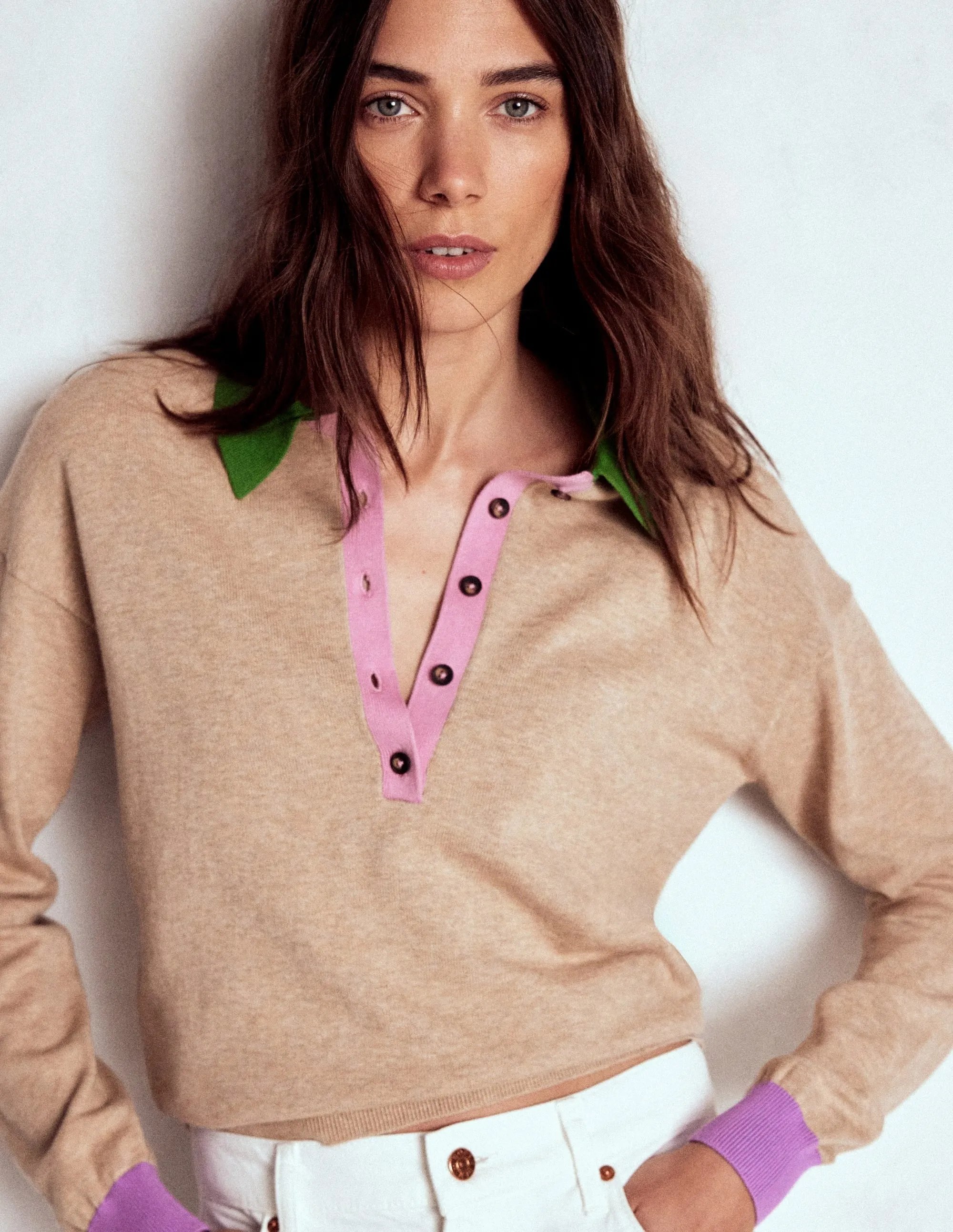 Lara Relaxed Cotton Henley Top-Chinchilla Melange Breathable Texture EcoFriendly Dye