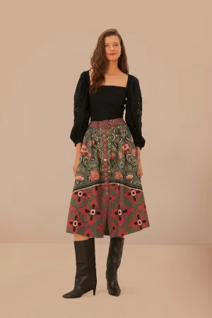 Arabesque Floral Green Buttons Midi Skirt Young adult