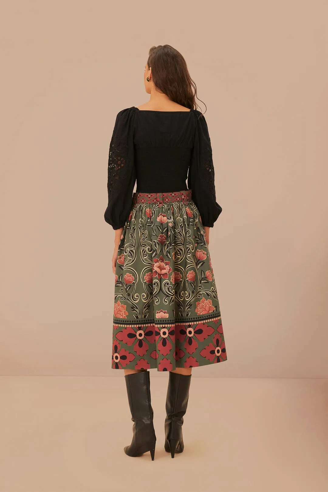 Arabesque Floral Green Buttons Midi Skirt Bold Edge Pleated Construction