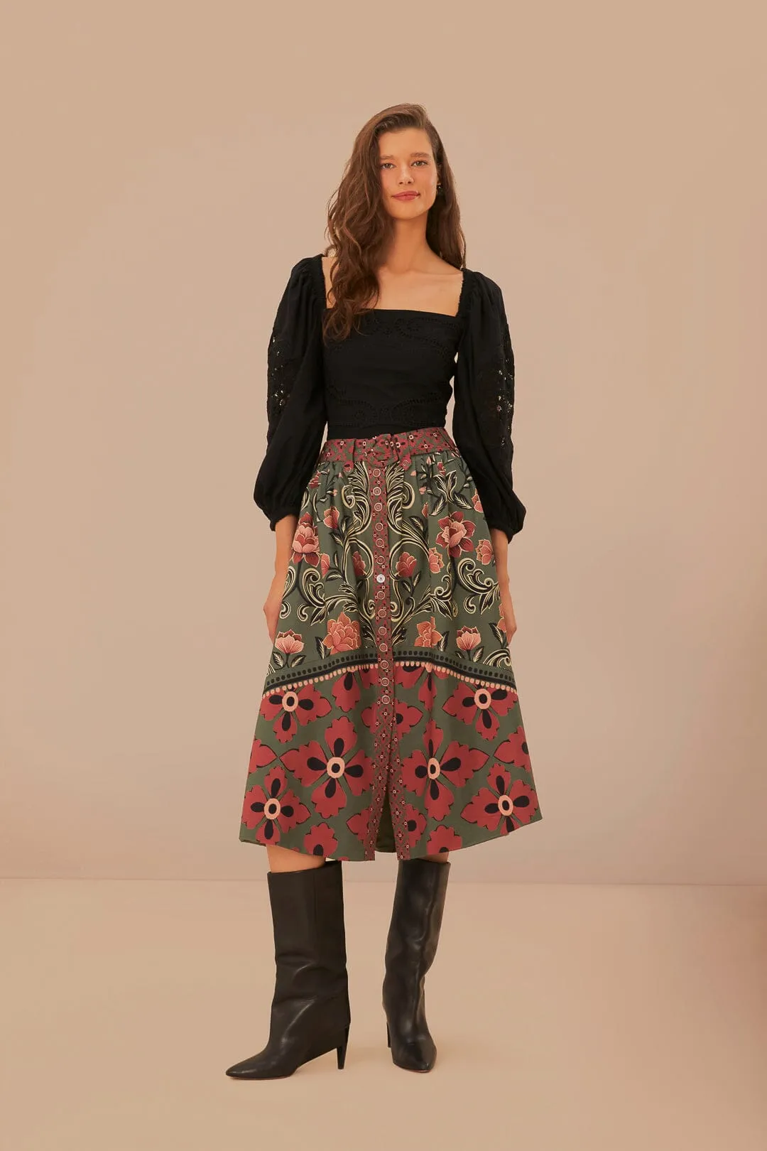 Arabesque Floral Green Buttons Midi Skirt Young adult
