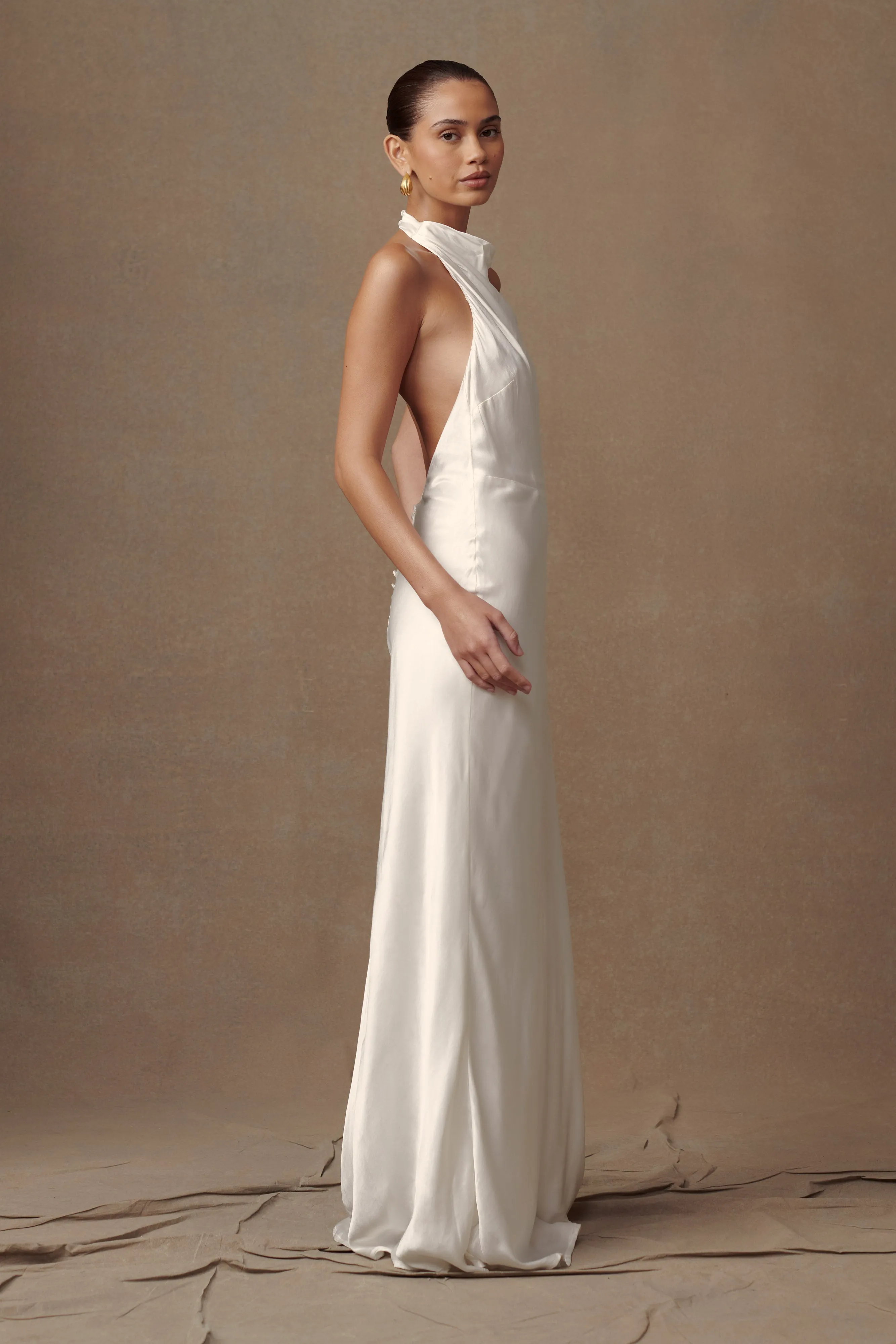 Esther Iridescent Satin Cowl Maxi Dress - Ivory Smooth Finish