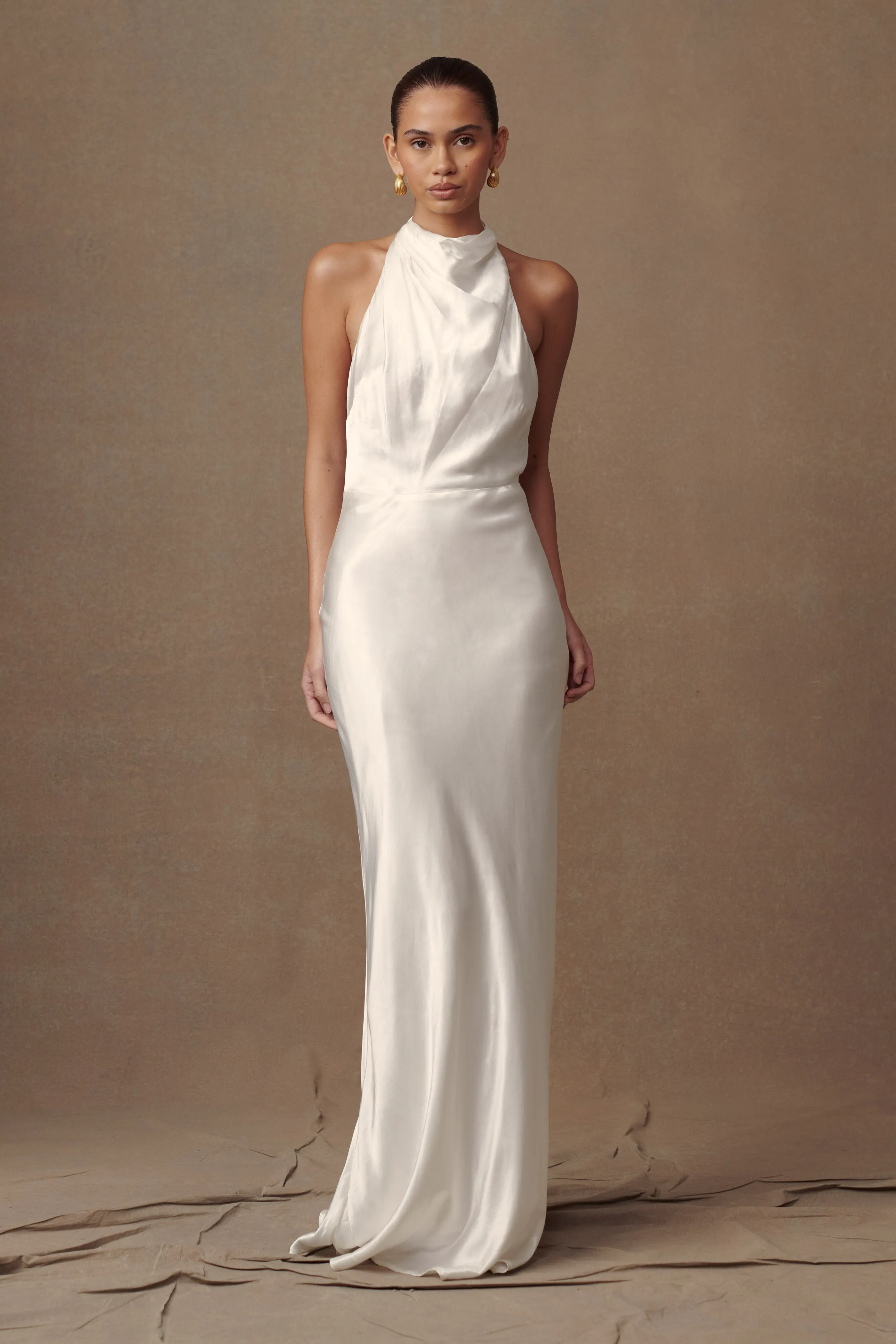 Light and Comfortable Esther Iridescent Satin Cowl Maxi Dress - Ivory