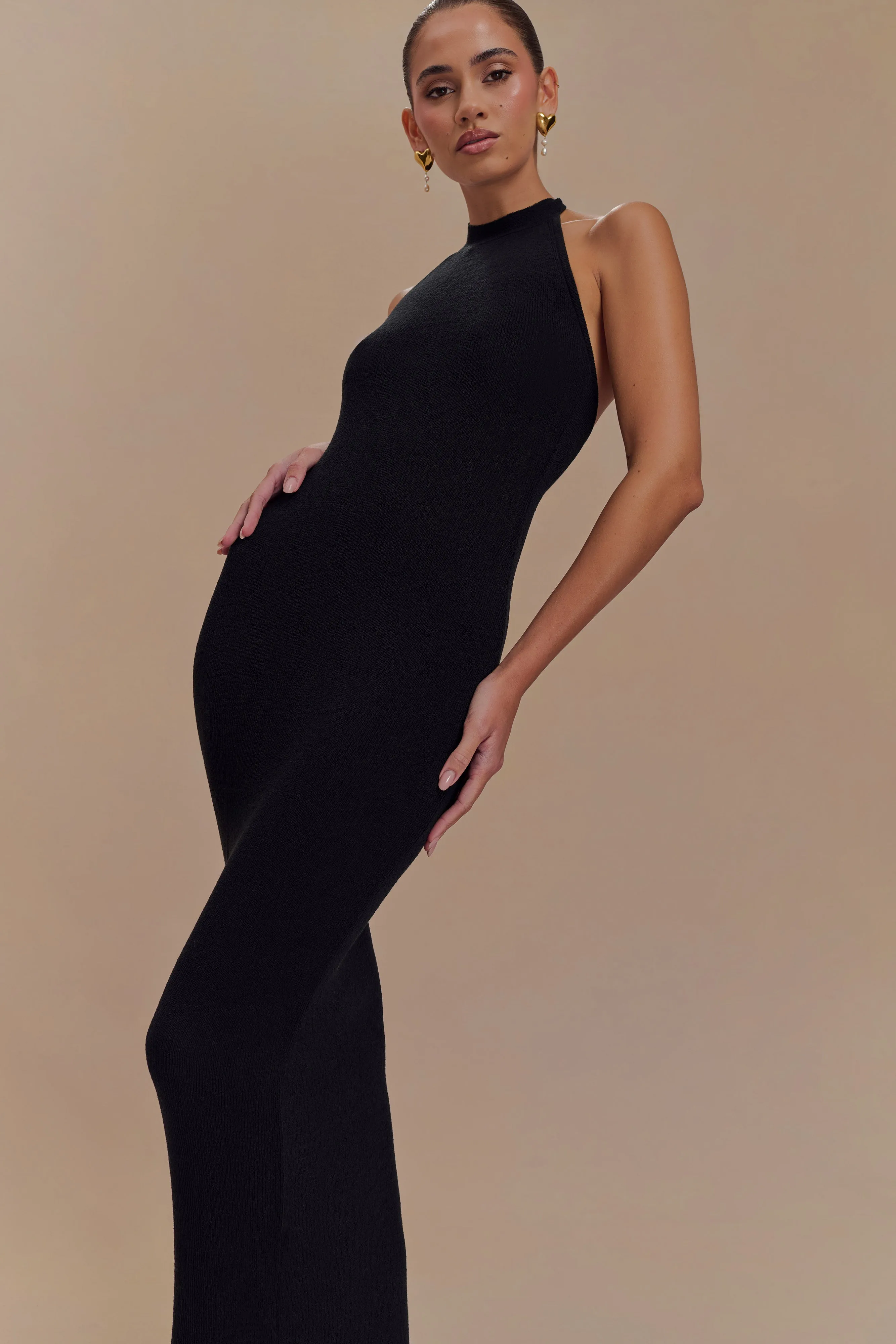 Melodie Halter Knit Maxi Dress - Black/White Comfort Stretch