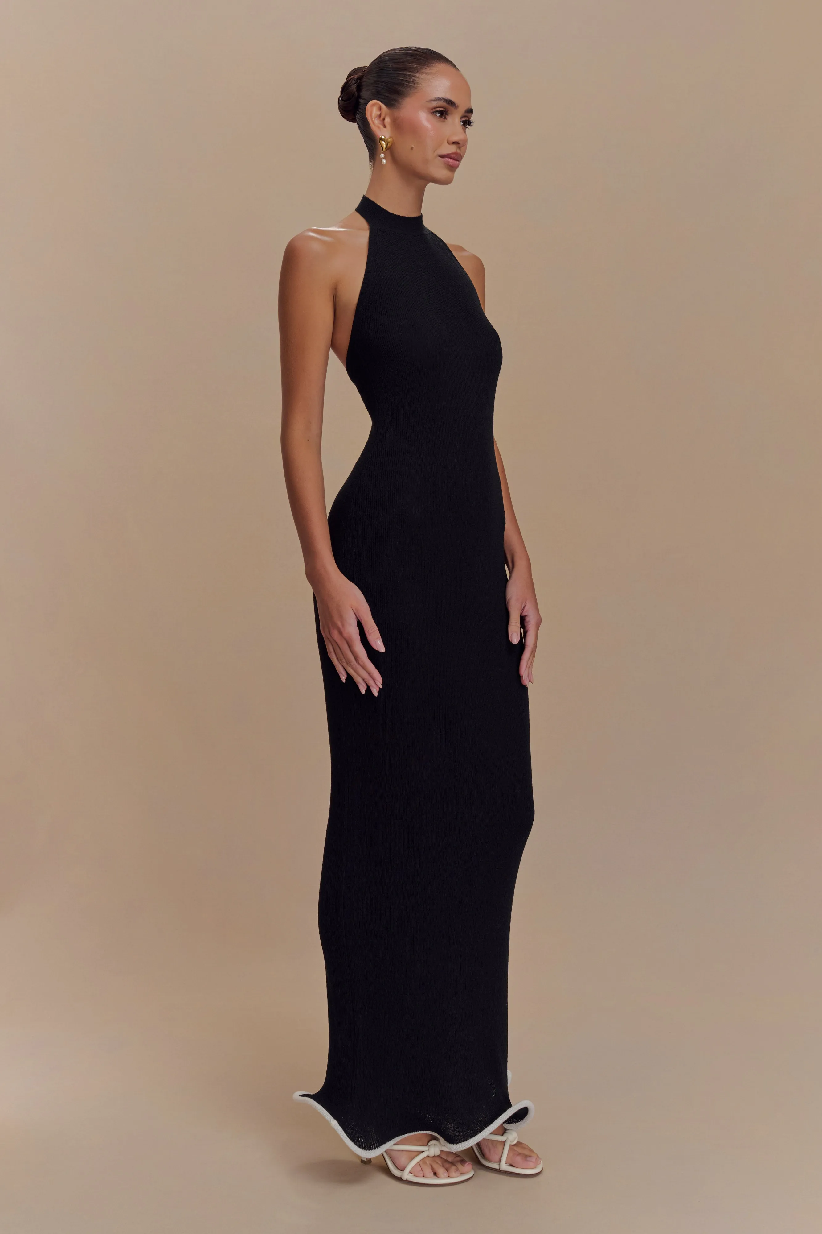 Melodie Halter Knit Maxi Dress - Black/White Perfect Design