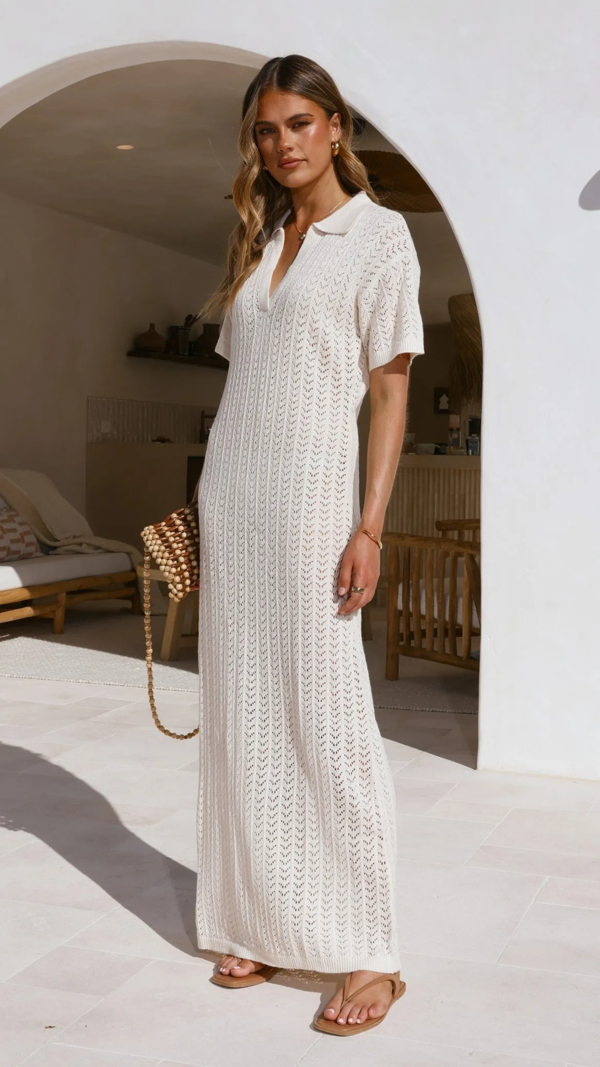 Minimal Detail Tiffy Crochet Short Sleeve Maxi Dress - White