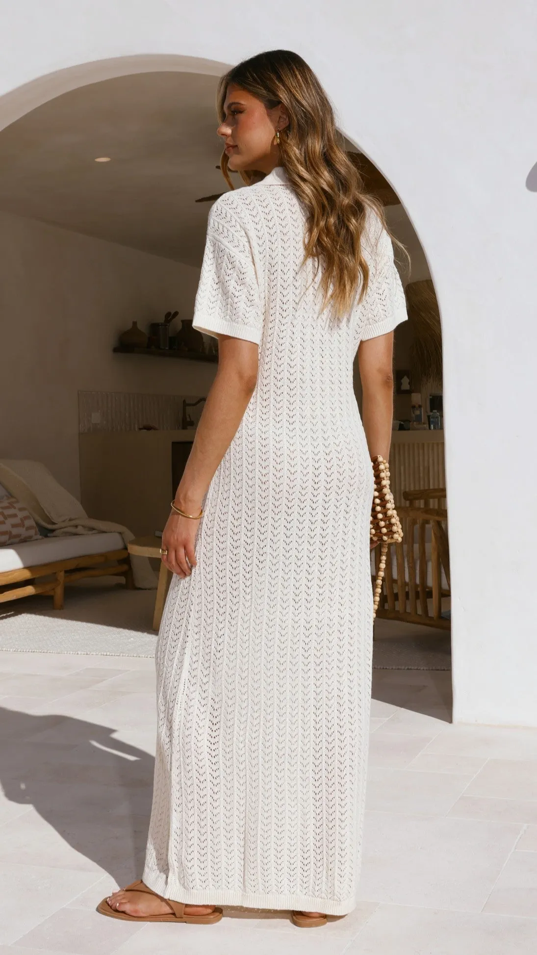 Tiffy Crochet Short Sleeve Maxi Dress - White Jewel Accent