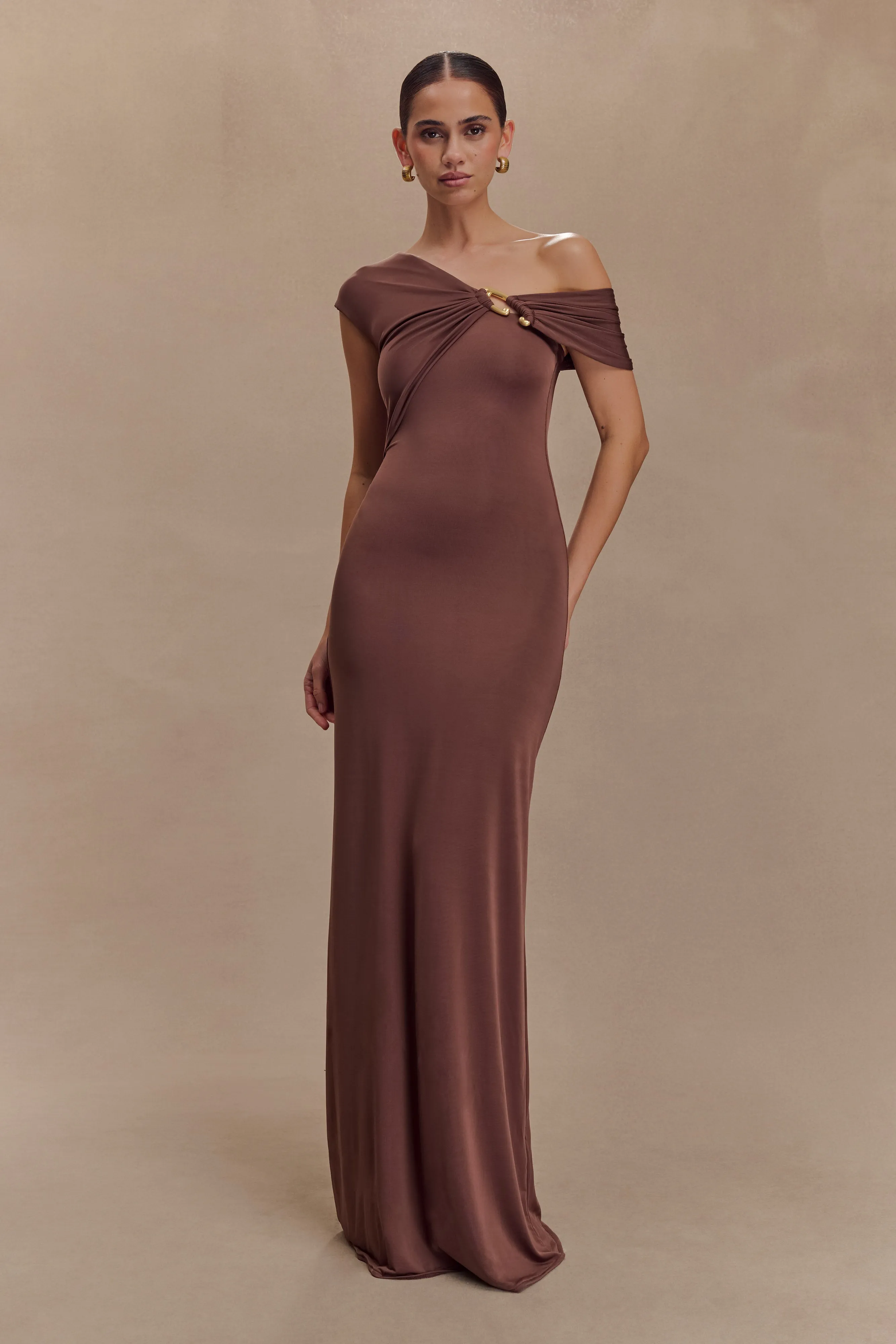 Ashford Asymmetrical Slinky Maxi Dress - Chocolate Beach Moment
