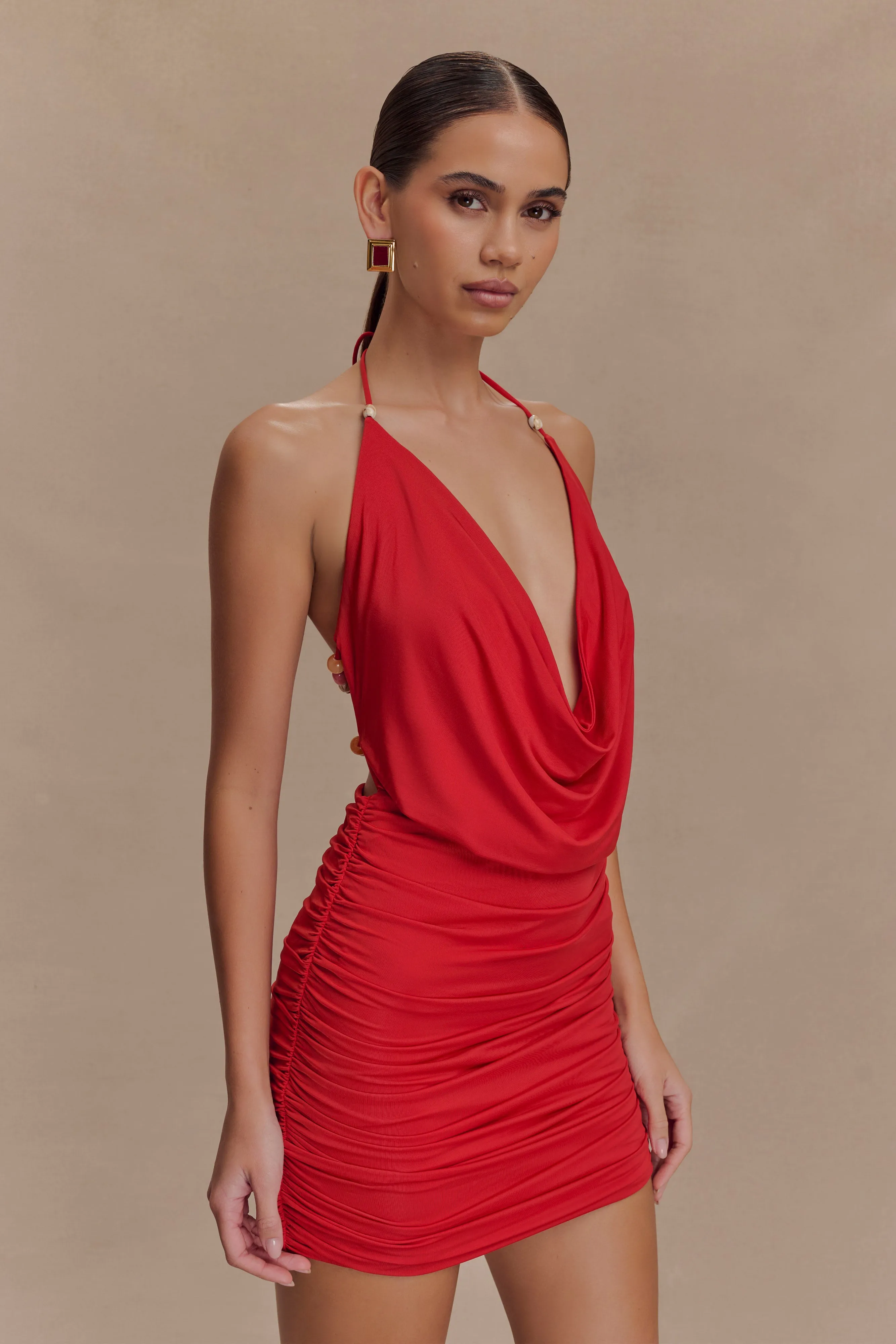 Classic Layer Astraeus Beaded Cowl Mini Dress - Desert Red