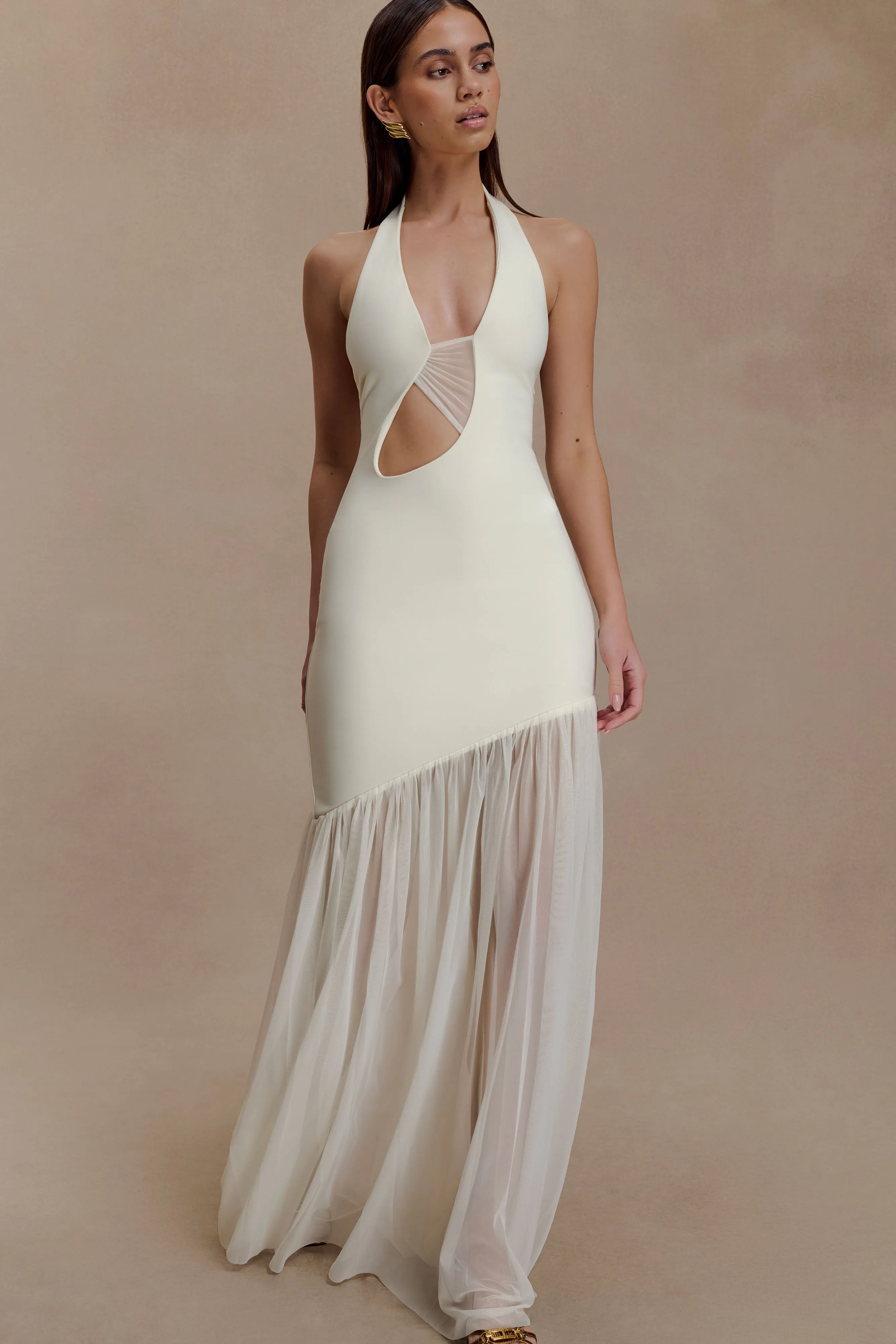 Aubree Crepe And Mesh Maxi Dress - Ivory Embroidered-Detail Tailored Comfort