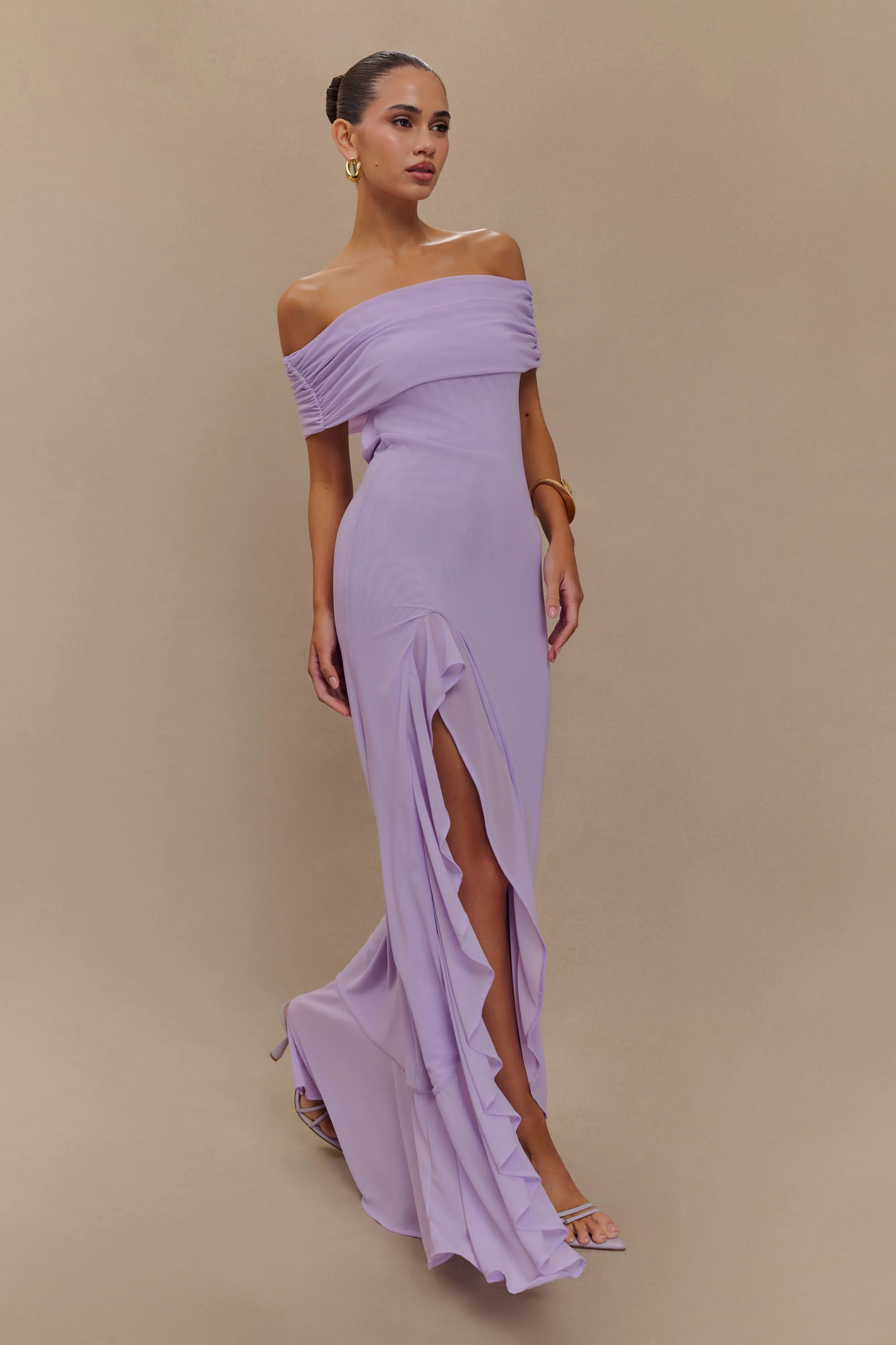 Chic and Stylish Audrey Off Shoulder Mesh Maxi Dress - Lilac