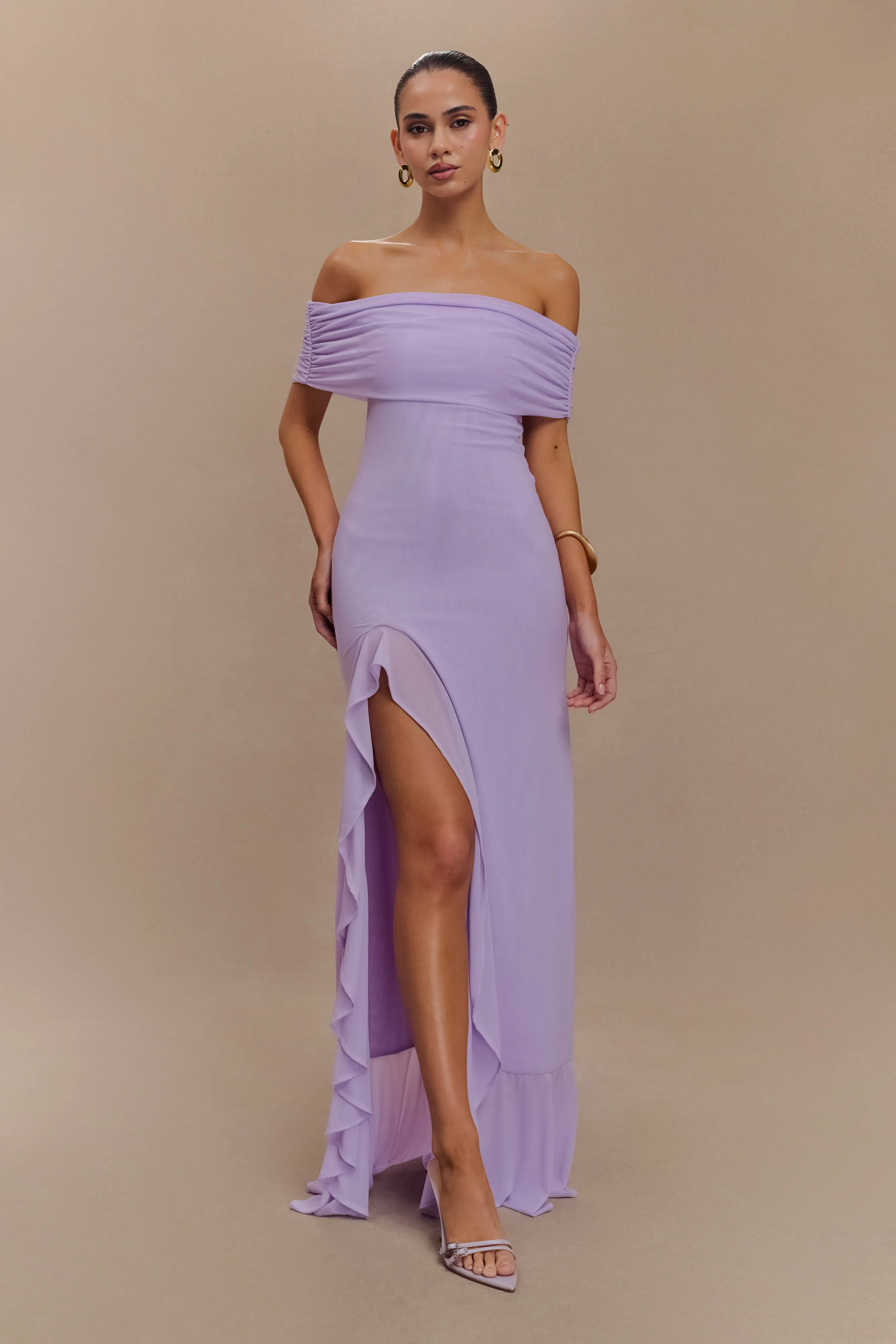 Audrey Off Shoulder Mesh Maxi Dress - Lilac Minimalist Layering