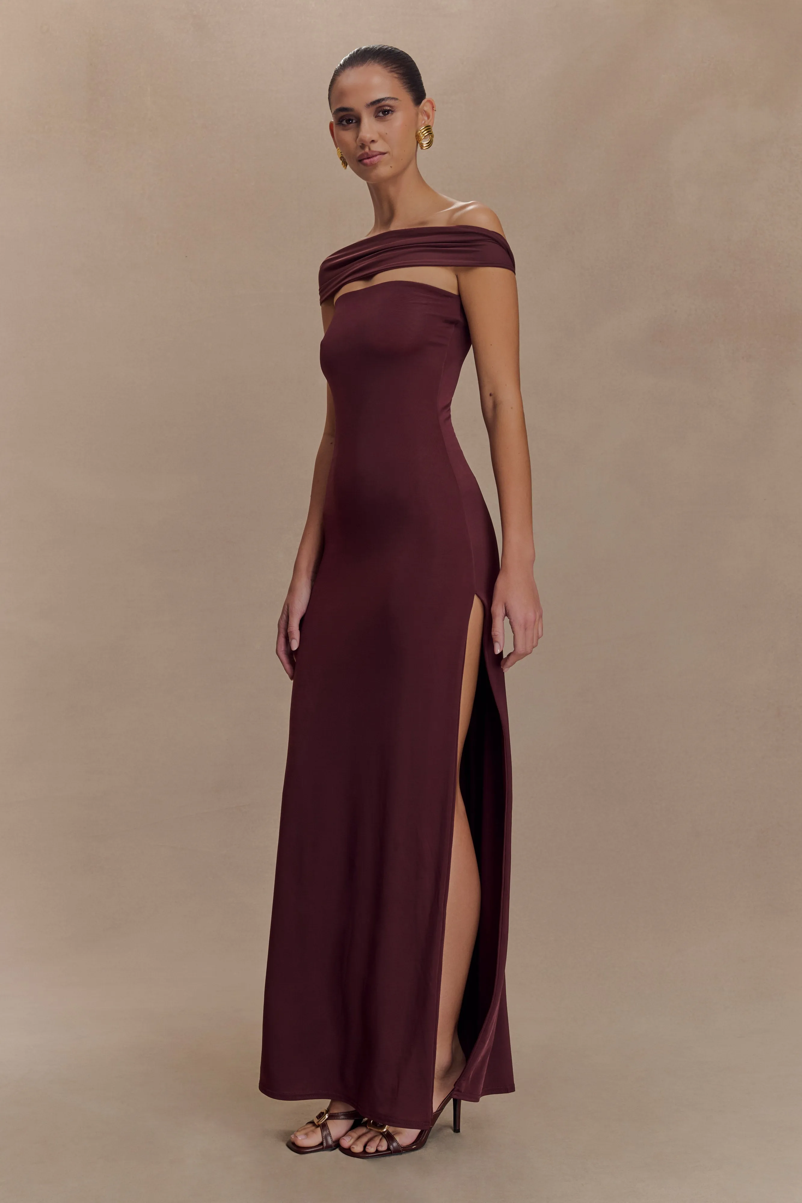 Modern Finish Aurora Slinky And Mesh Split Maxi Dress - Mahogany