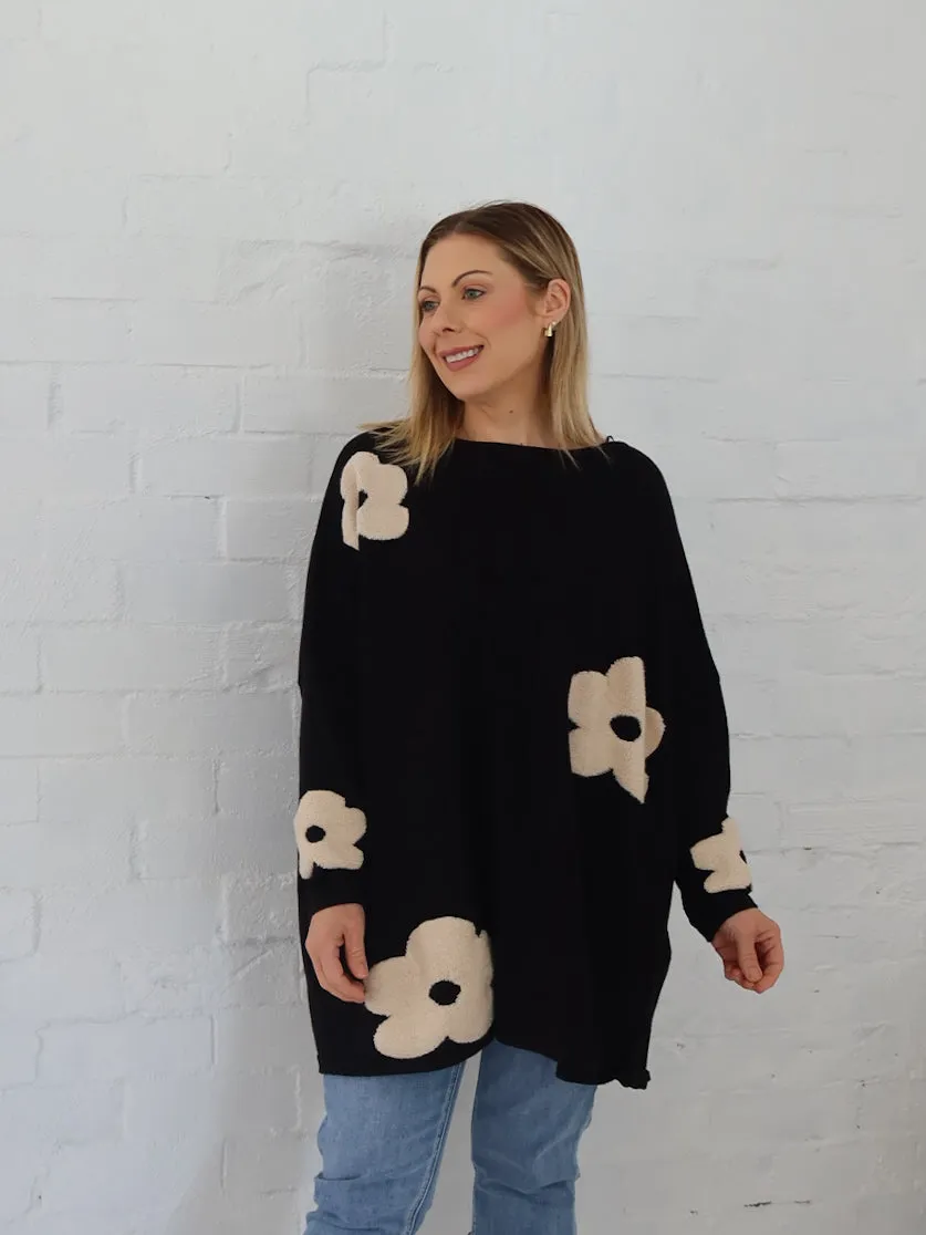 Avery Knit - Black Flower Textured Surface Cold Layer