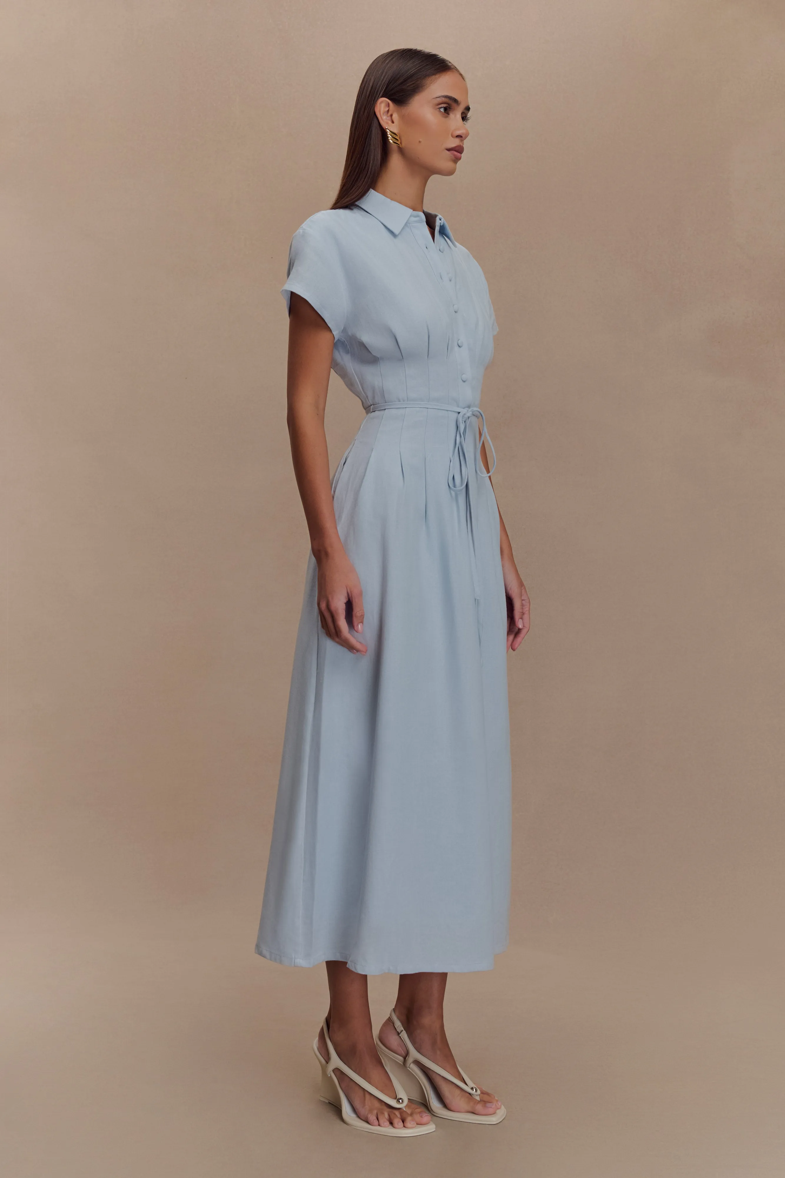 Aysha Buttoned Linen Midi Dress - Cornflower Blue Youthful Feel Sleek Waist