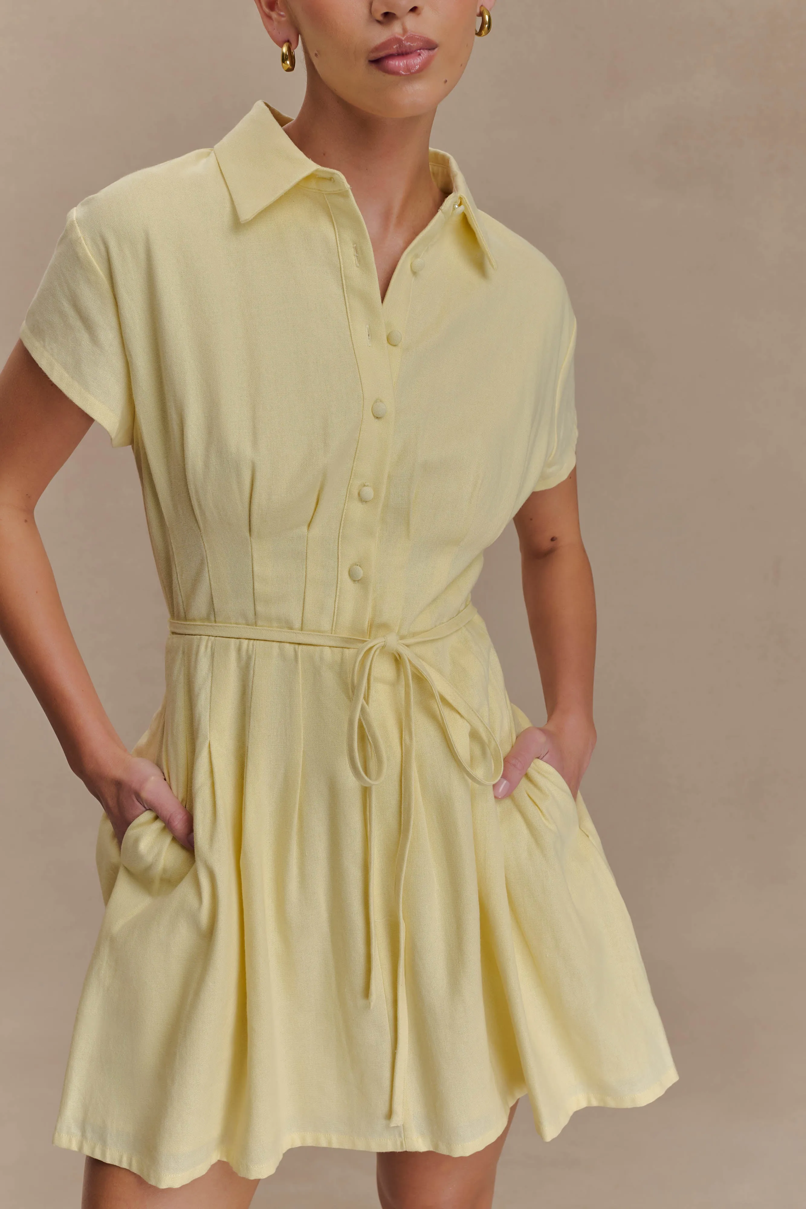 Coffee Break Clean Edge Aysha Buttoned Linen Mini Dress - Lemon