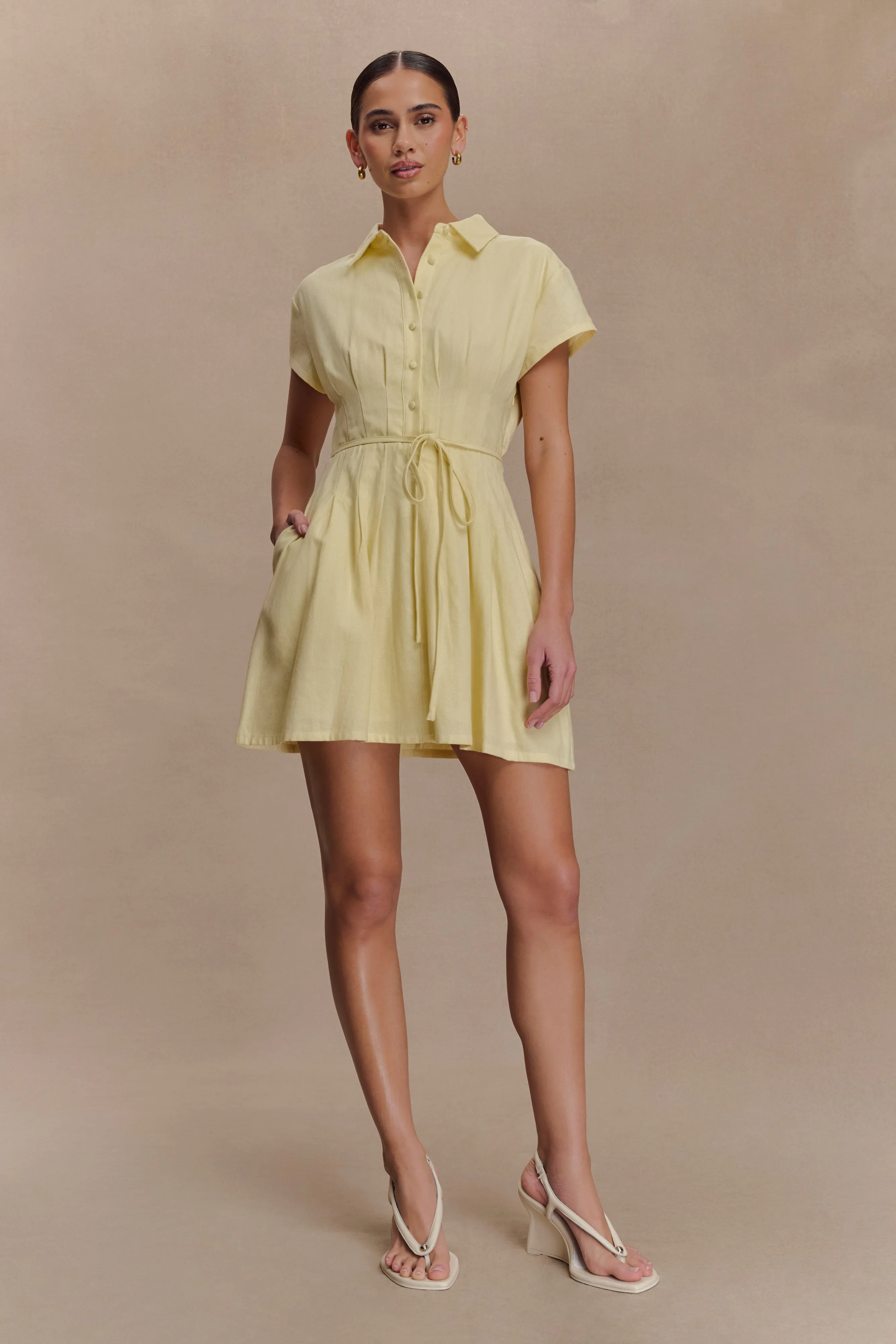 Aysha Buttoned Linen Mini Dress - Lemon Winter Layering Youth Charm