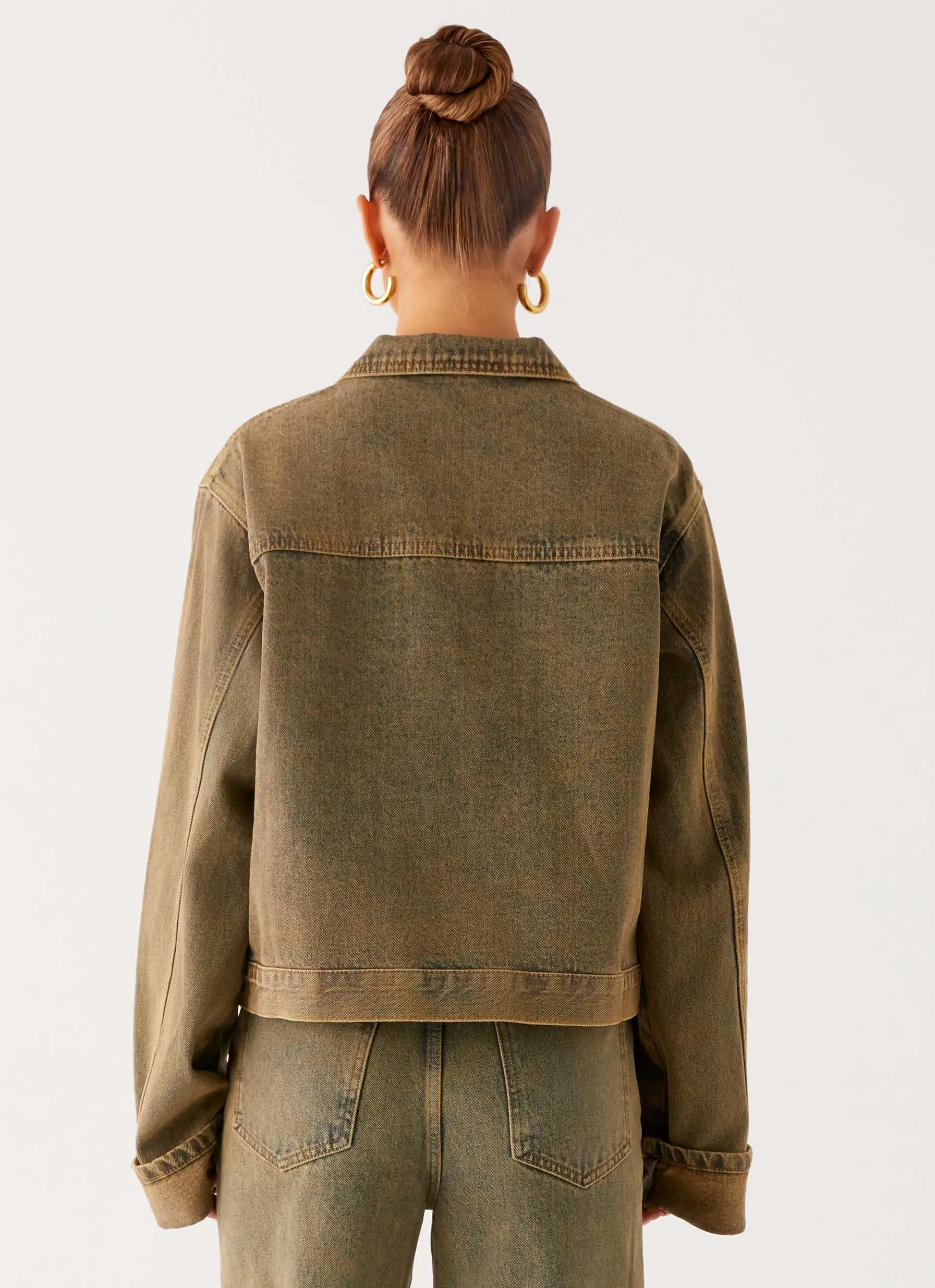 Back Again Oversized Denim Jacket - Brown Sand Wash Layered Collar
