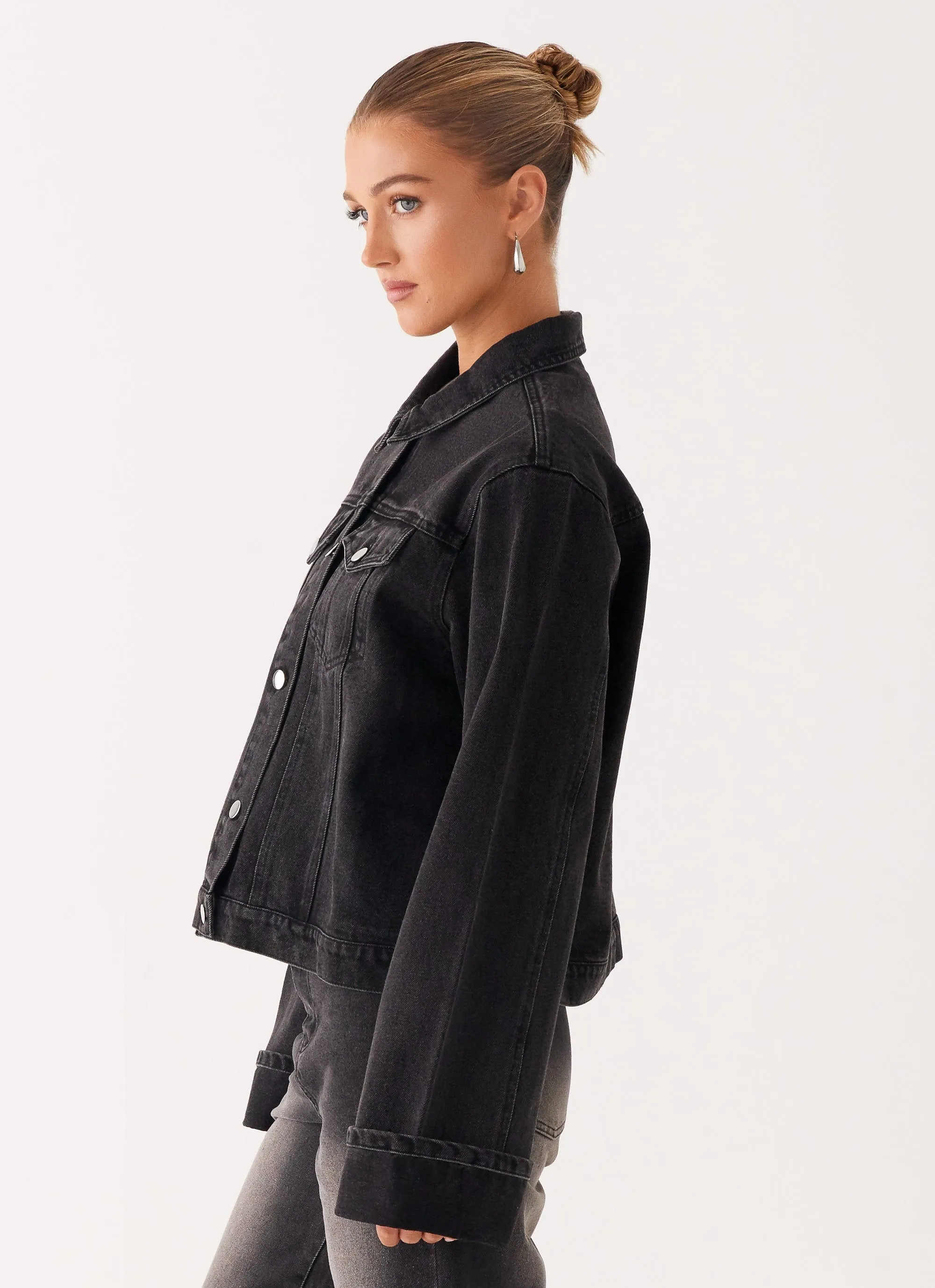 Back Again Oversized Denim Jacket - Charcoal Wash Odor Resistant Coating Odor Resistant Finish