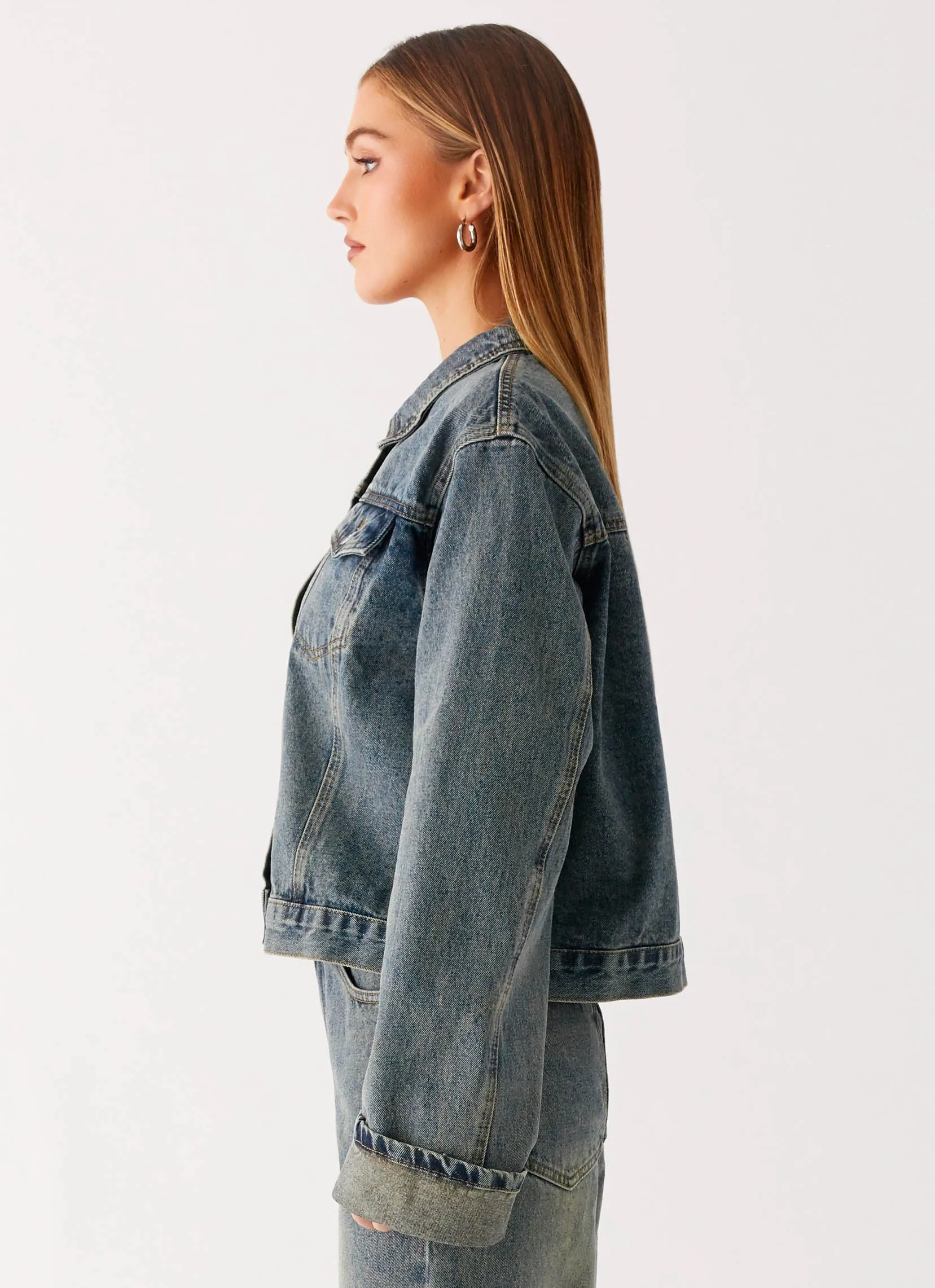 Back Again Oversized Denim Jacket - Dirty Wash Everyday Layer Style Quilted Interior