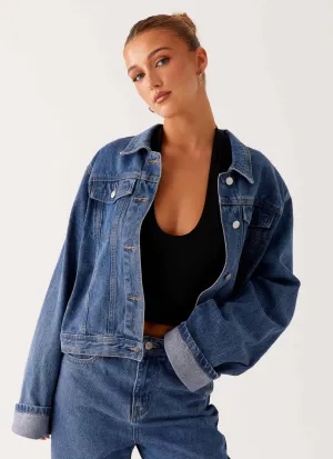 Back Again Oversized Denim Jacket - True Blue Hypoallergenic Fiber Filling Mid Length Cut
