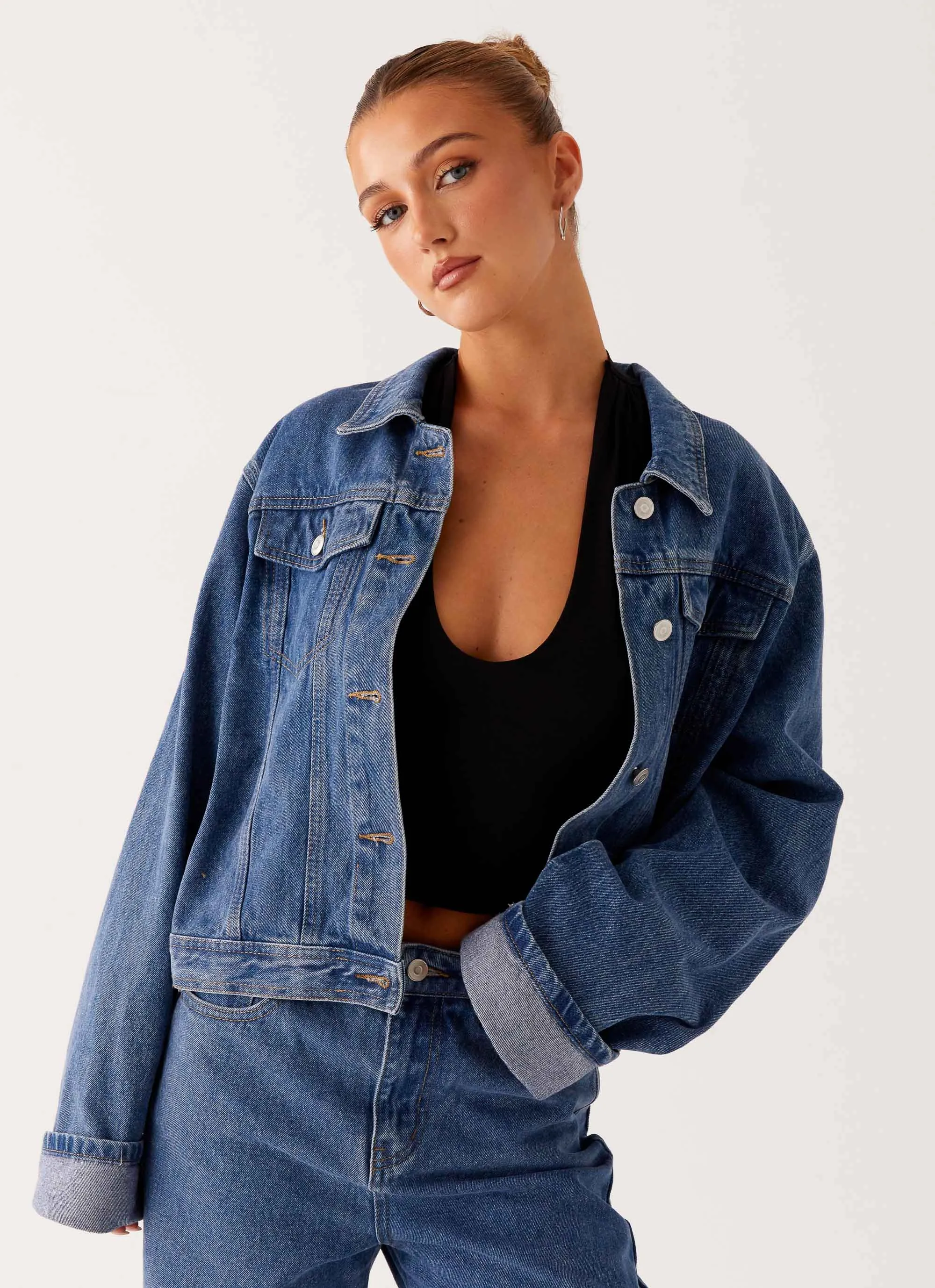 Back Again Oversized Denim Jacket - True Blue Hypoallergenic Fiber Filling Mid Length Cut