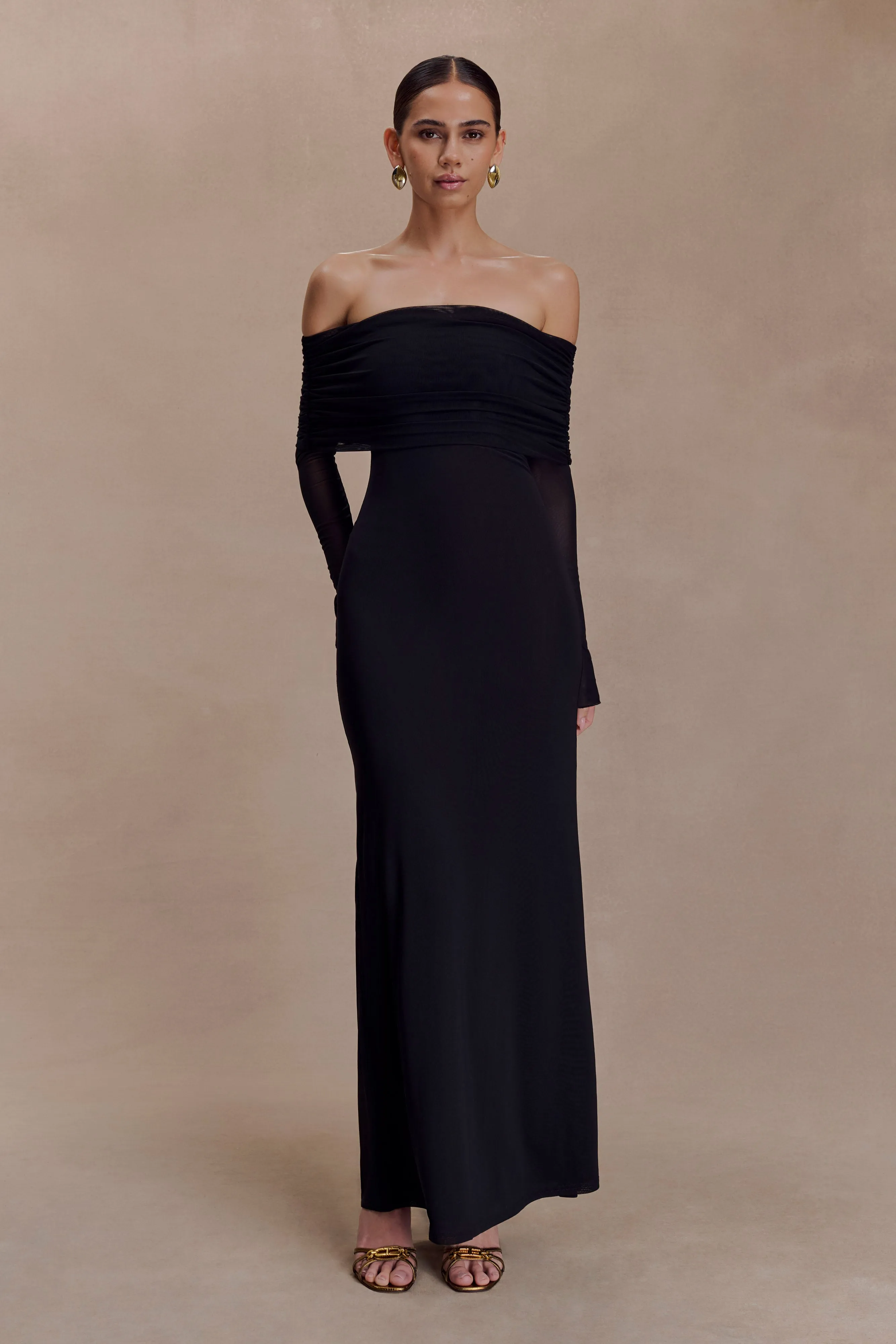 Josie Off Shoulder Mesh Maxi Dress - Black Soft Feel