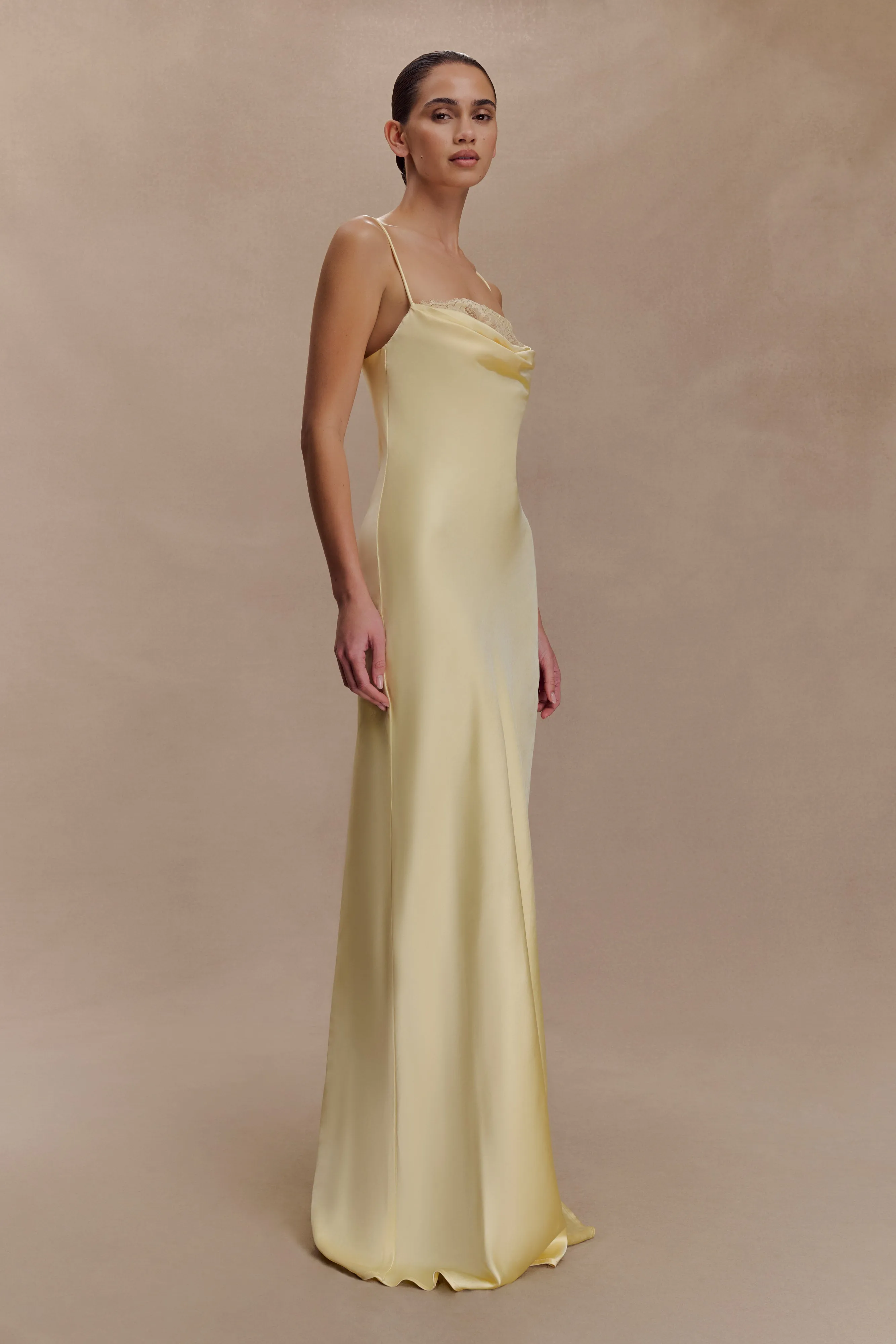 Quiet Glow Isadora Lace & Satin Maxi Dress - Lemon