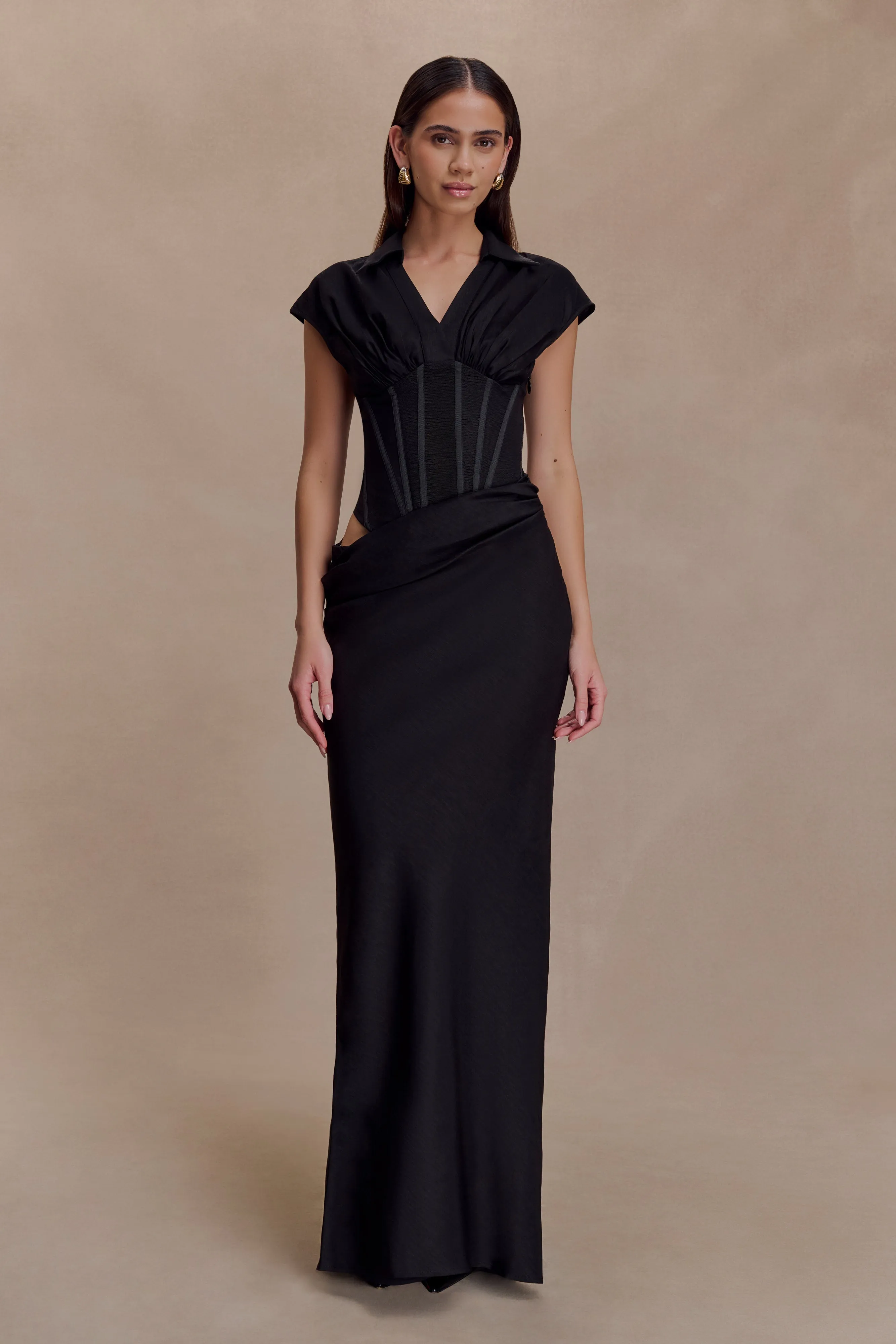 Slim Shape Silky Silhouette Saphira Shirt Corset Maxi Dress - Black