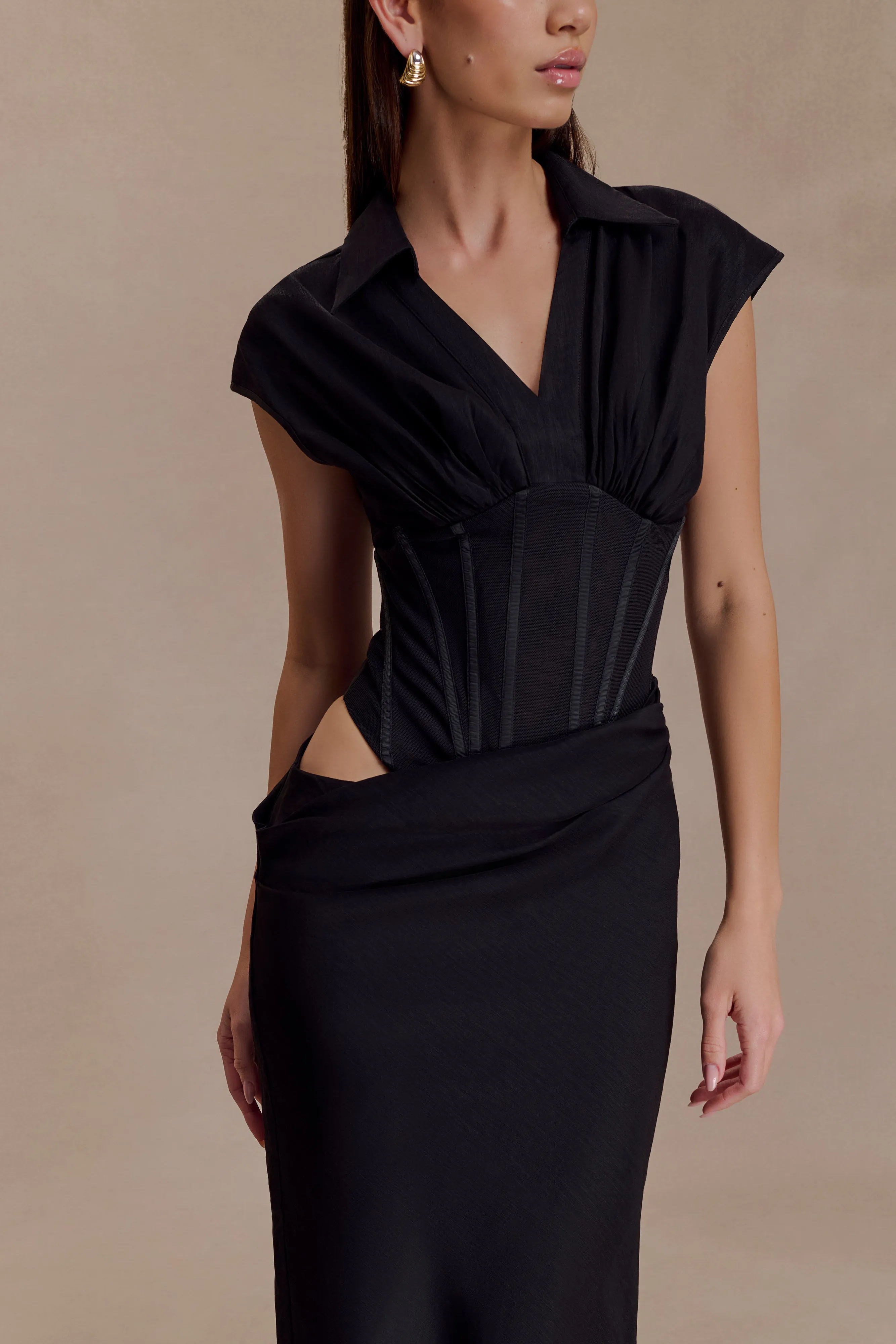 Saphira Shirt Corset Maxi Dress - Black Elegant Waist Design City Style