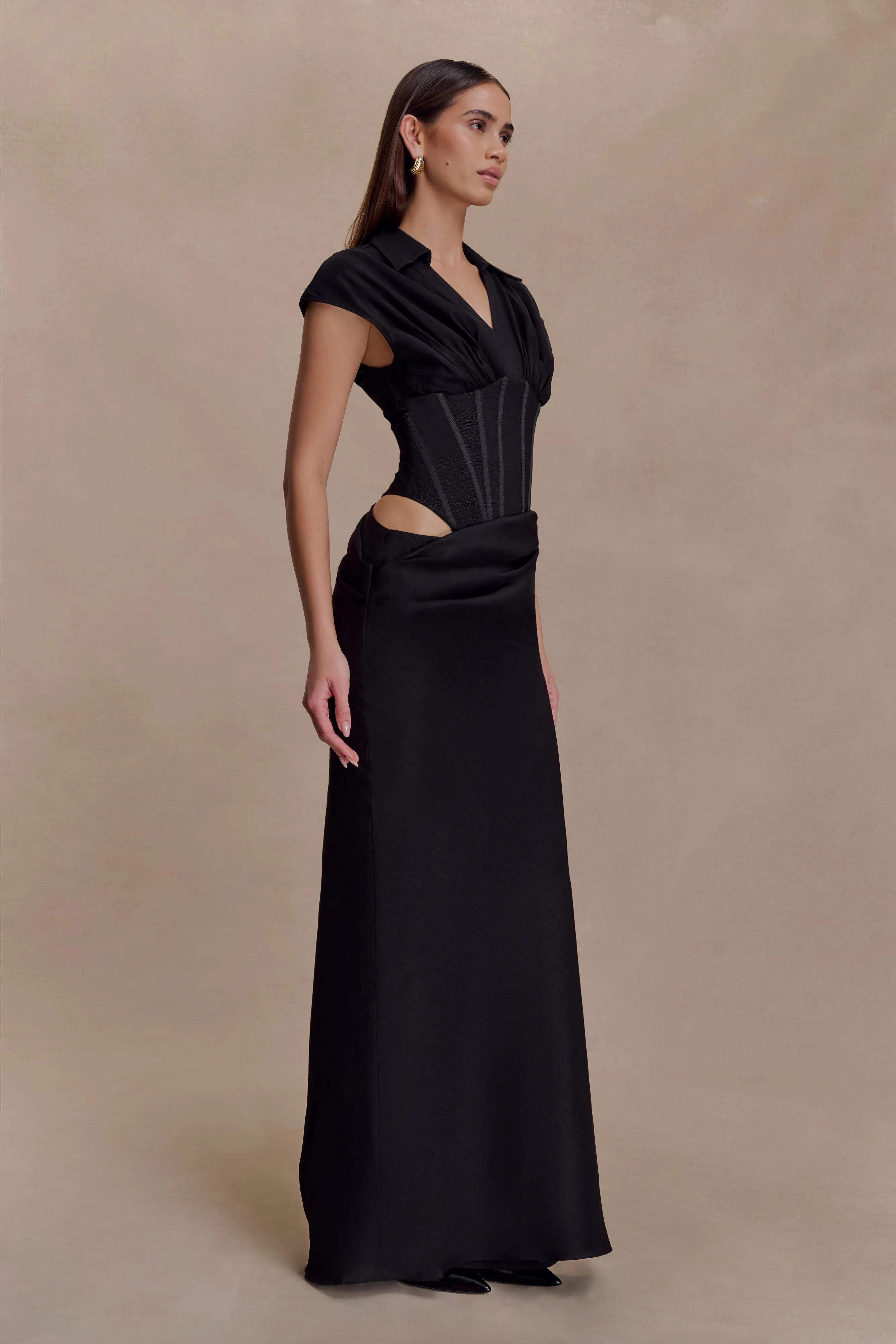 Saphira Shirt Corset Maxi Dress - Black Soft Hue Soft Stitch