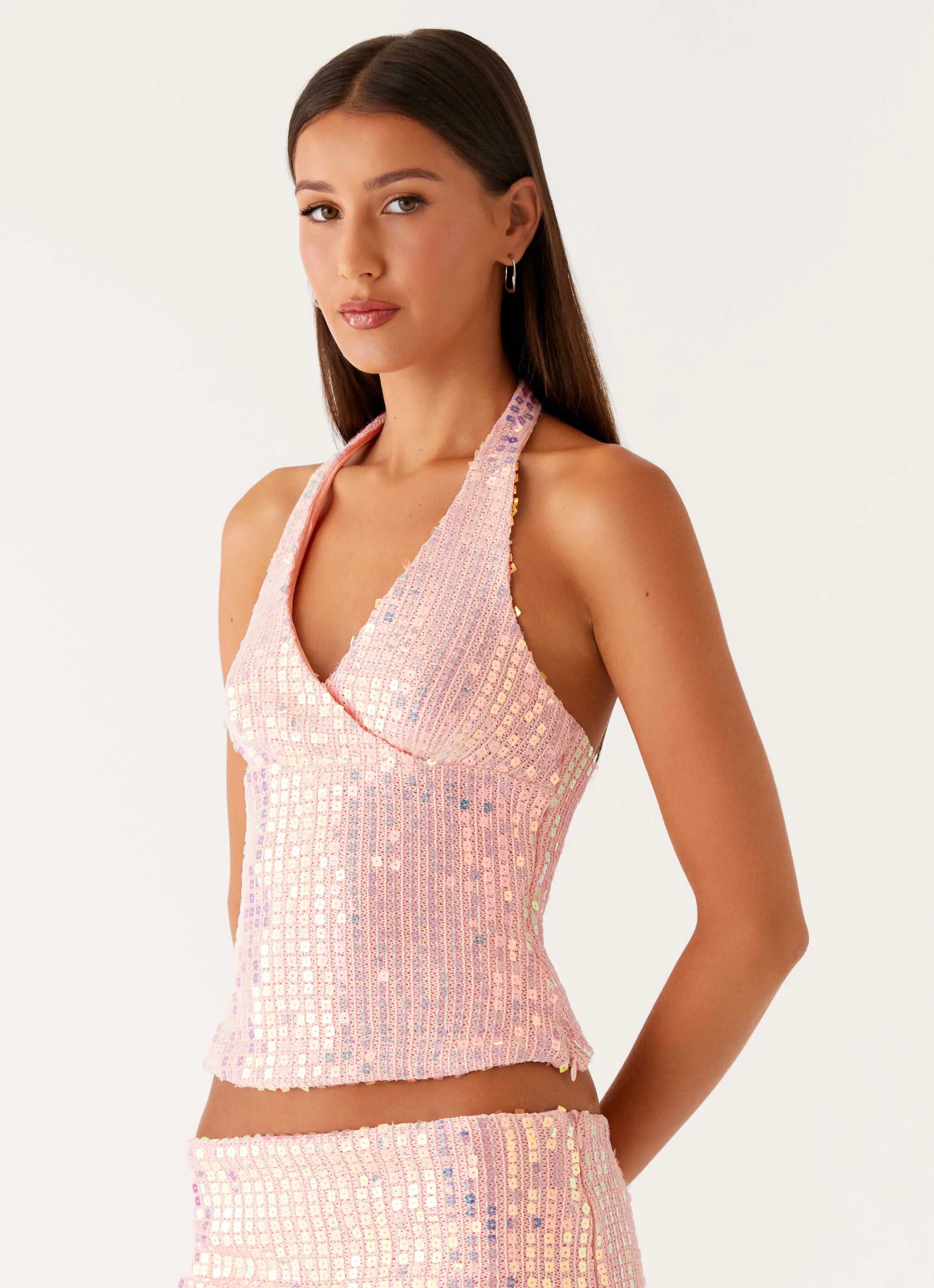 elastic waistband Soft Finish Been That Girl Halter Knit Sequin Top - Iridescent Pink