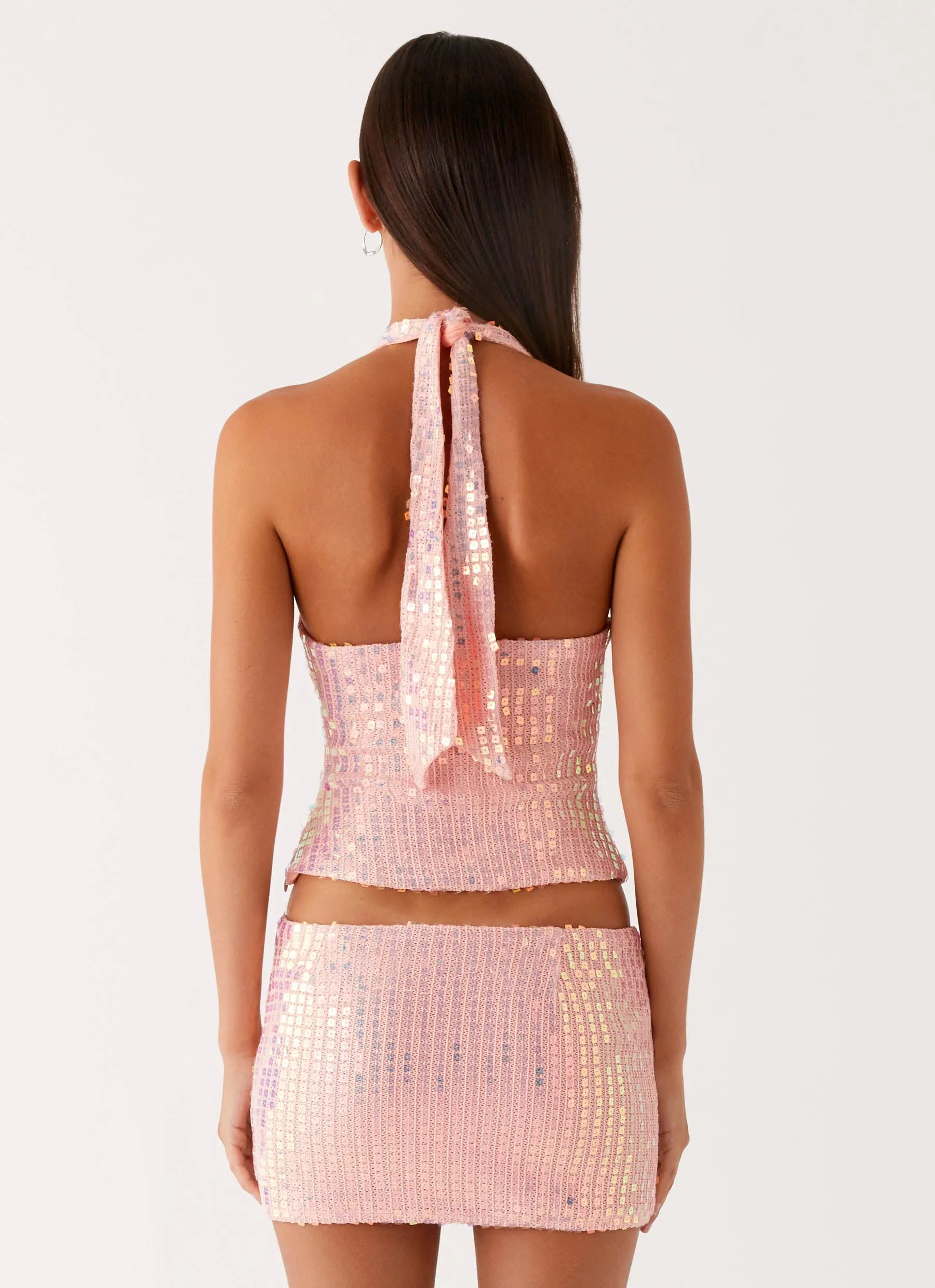 Been That Girl Halter Knit Sequin Top - Iridescent Pink Weekend Outfit