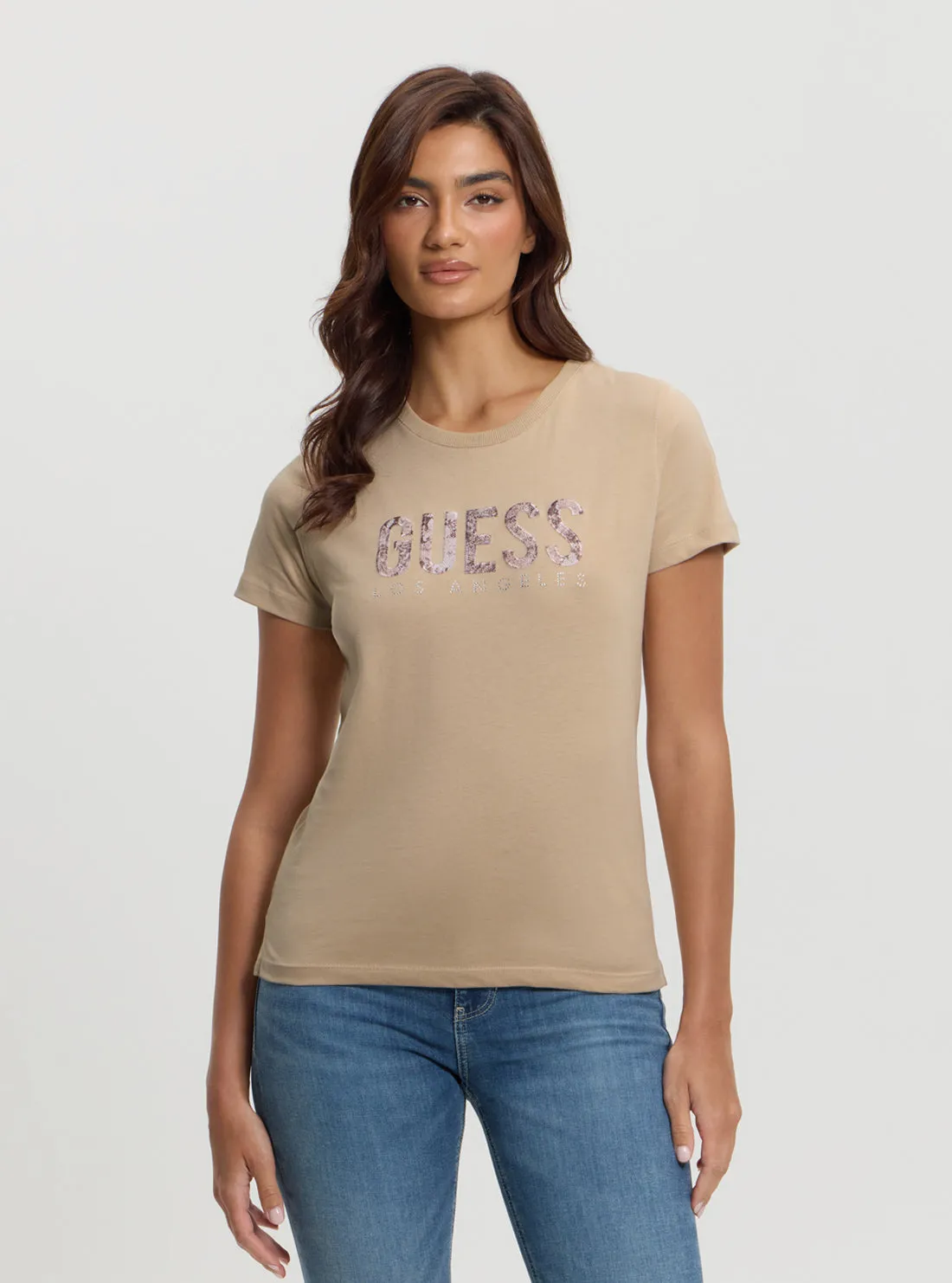 Flexible Neckline Cozy Look Wear Beige Python Logo T-Shirt.