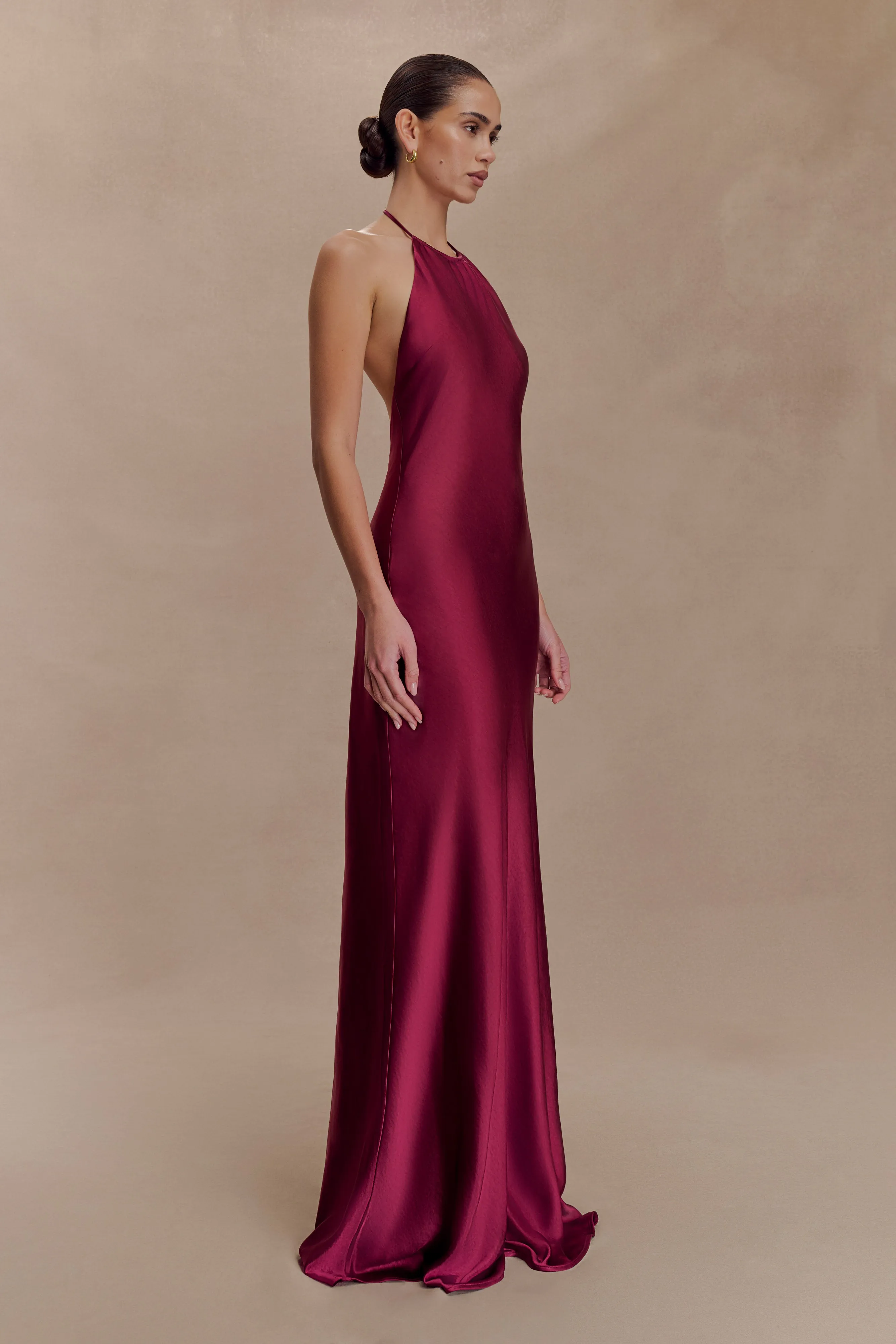 Bella Satin Halter Maxi Dress - Mahogany All Season Breezy Mood