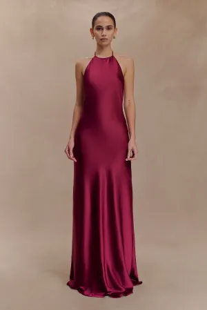 Velvet-Touch Bella Satin Halter Maxi Dress - Mahogany