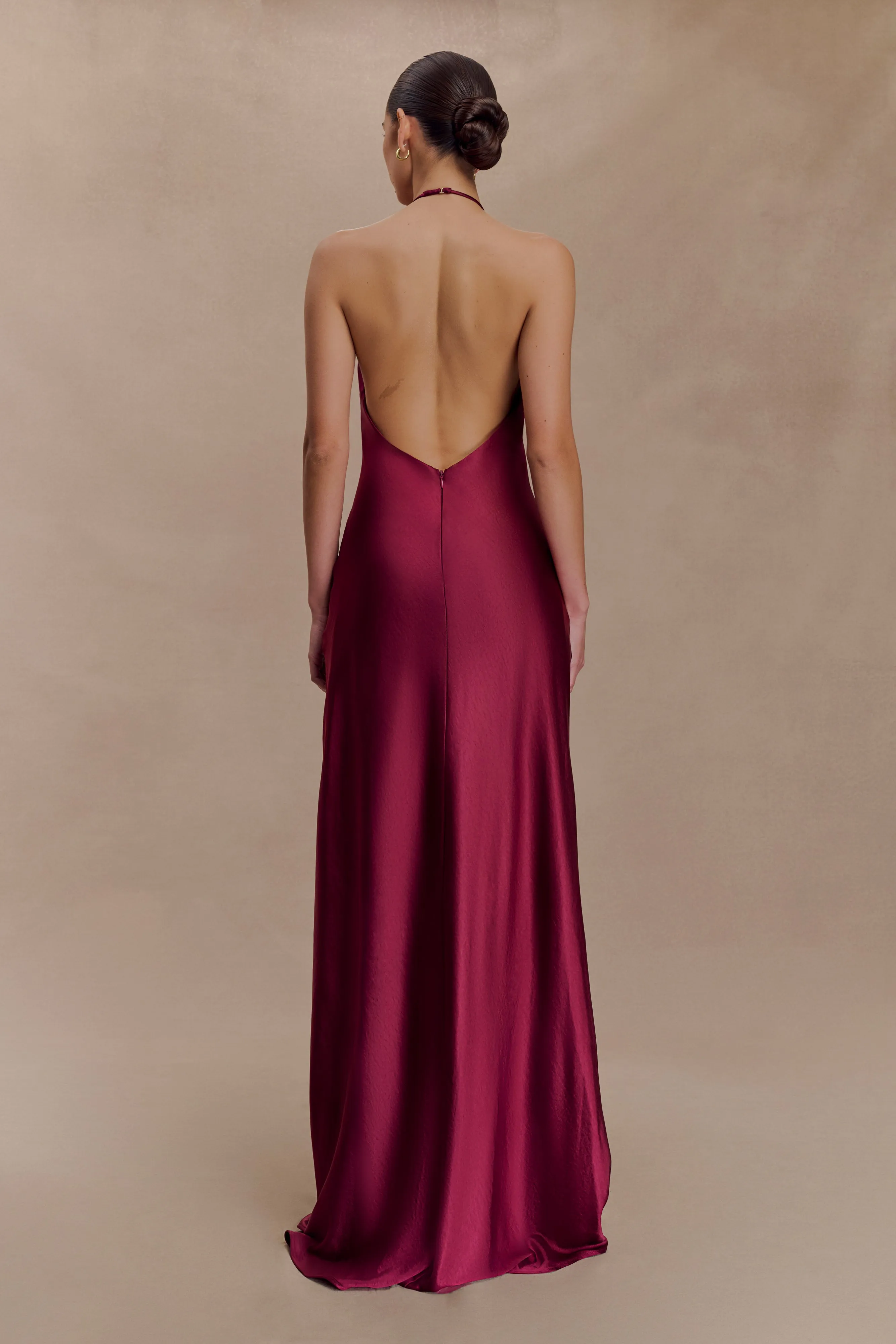 Layered Texture Fit Waist Bella Satin Halter Maxi Dress - Mahogany