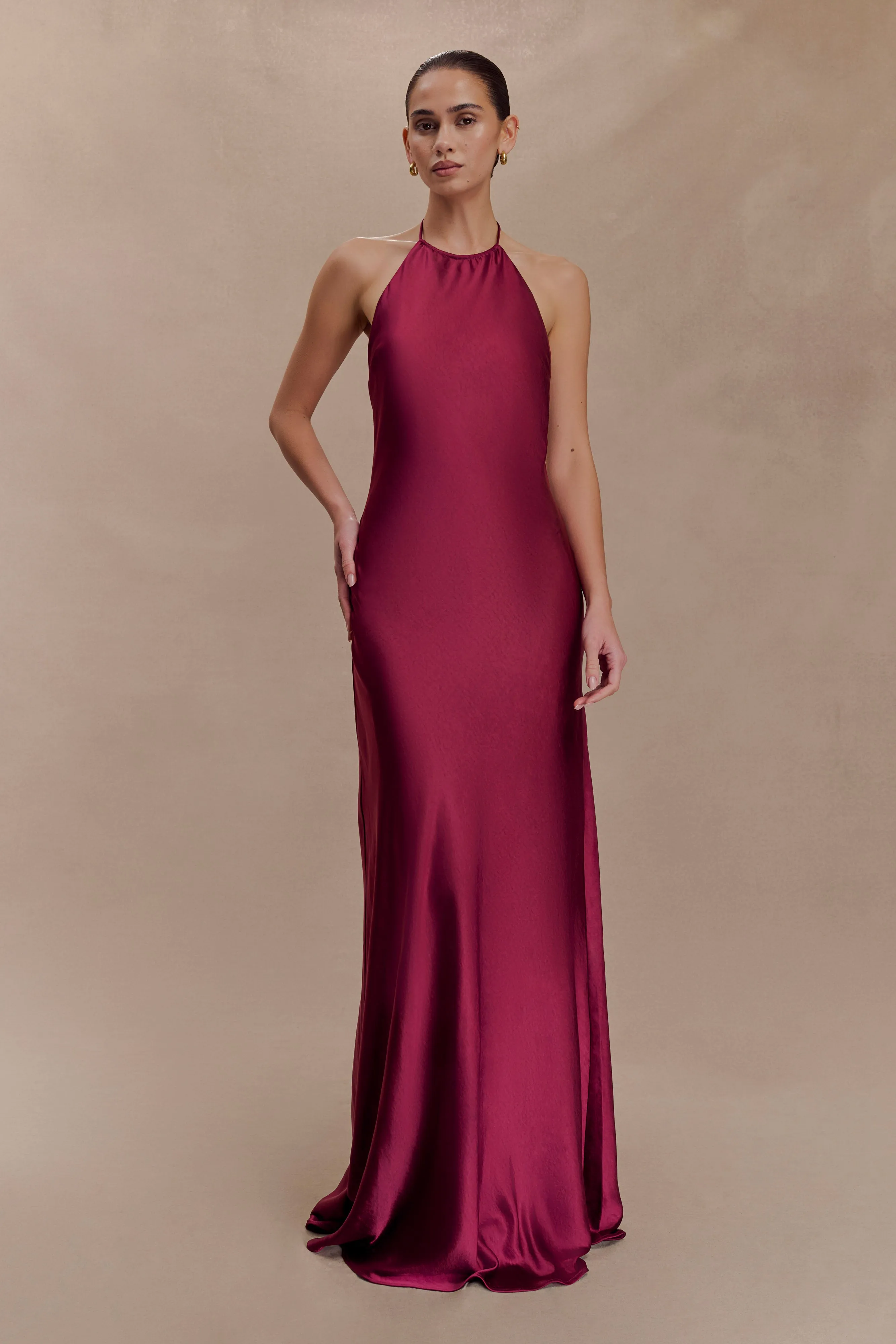 SoftTouchTexture Bella Satin Halter Maxi Dress - Mahogany