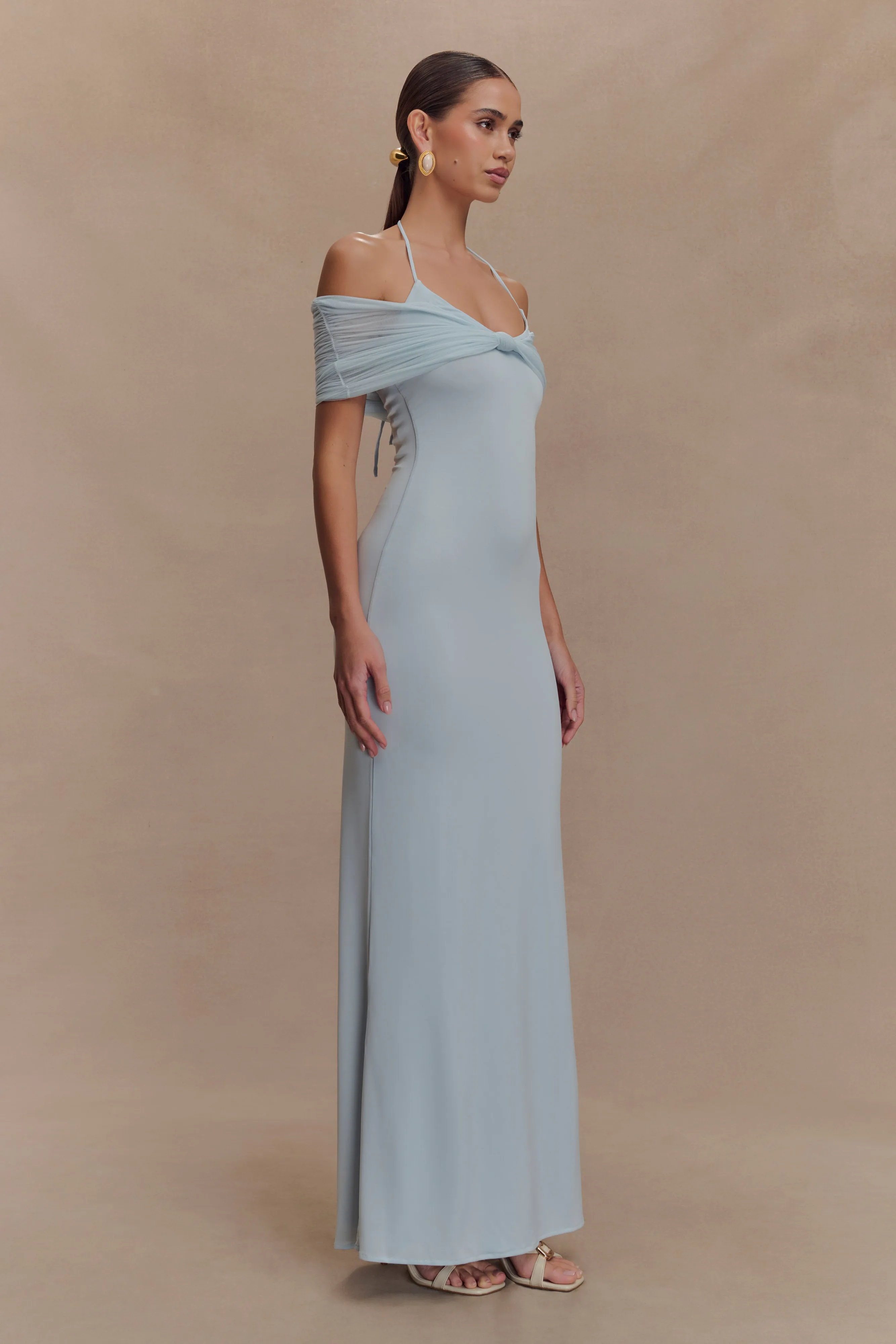 Elegant Flow Smart Waist Design Bernadina Mesh And Slinky Halter Maxi Dress - Pale Blue