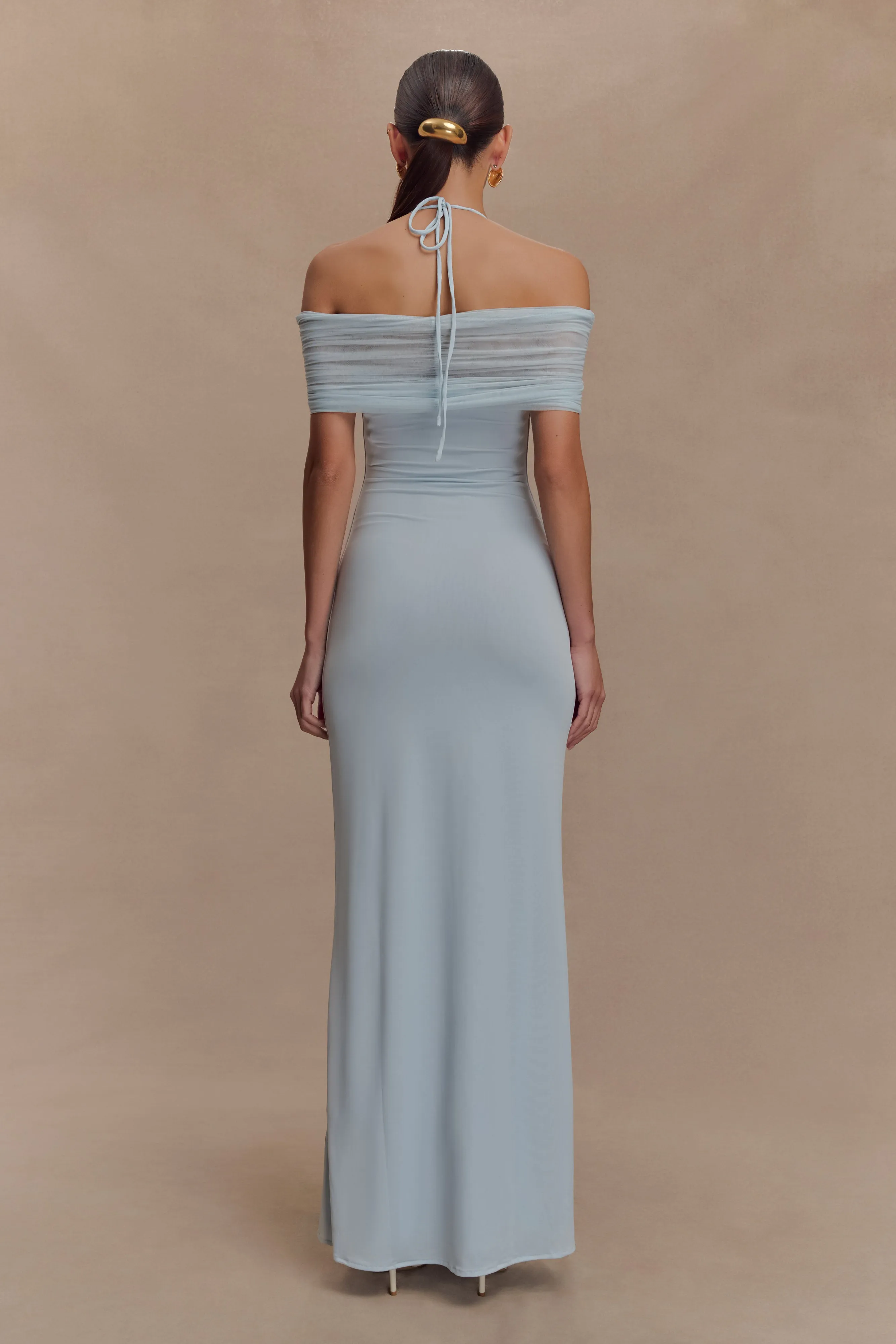 Bernadina Mesh And Slinky Halter Maxi Dress - Pale Blue Youthful Style