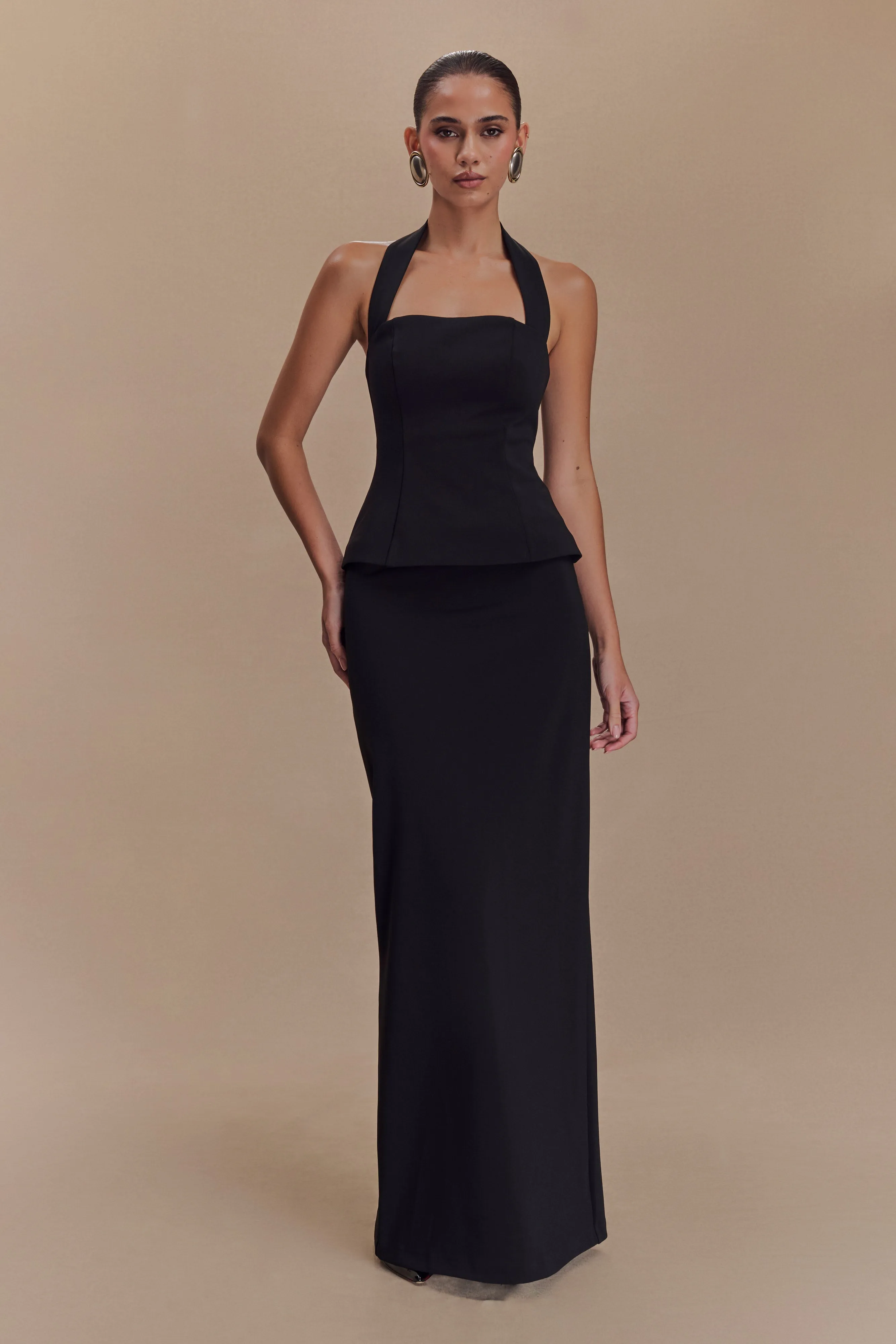 Bertie Peplum Halter Maxi Dress - Black Blue Sky