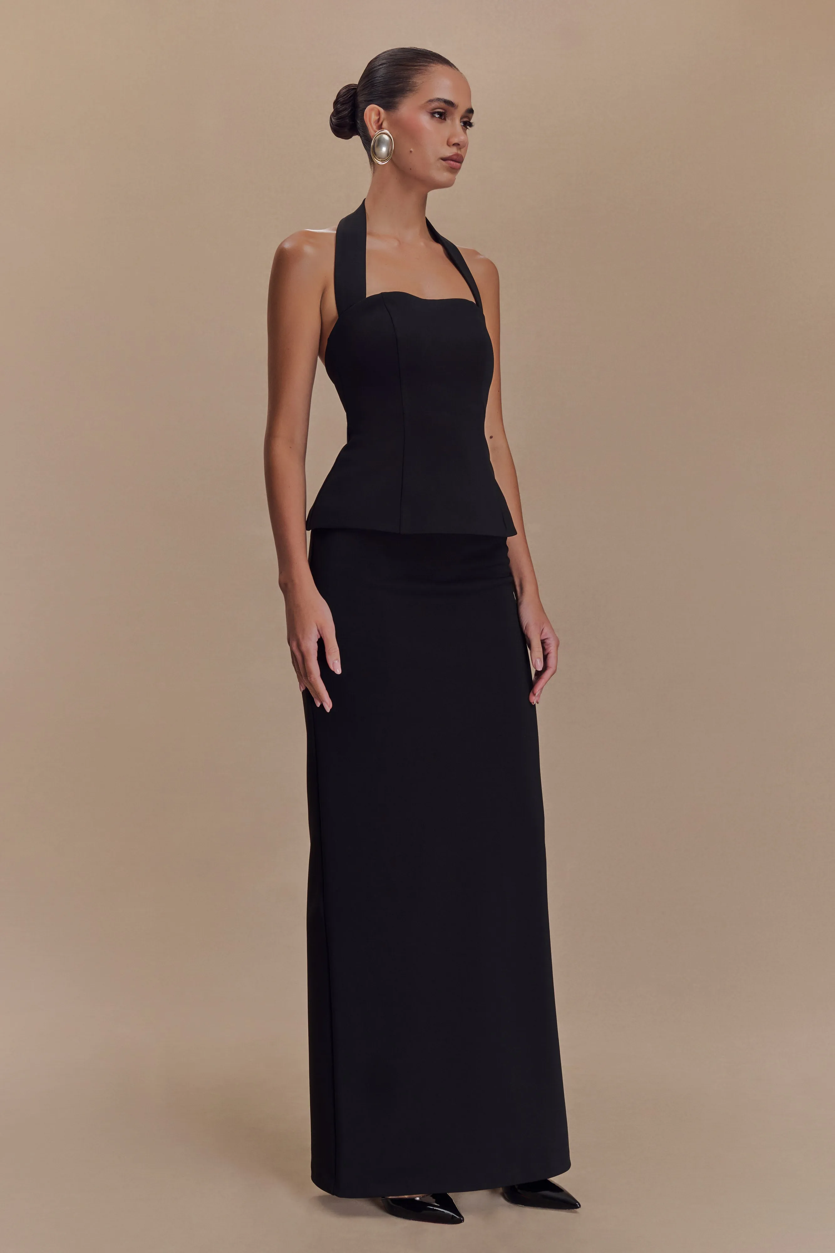 Light Soft Bertie Peplum Halter Maxi Dress - Black