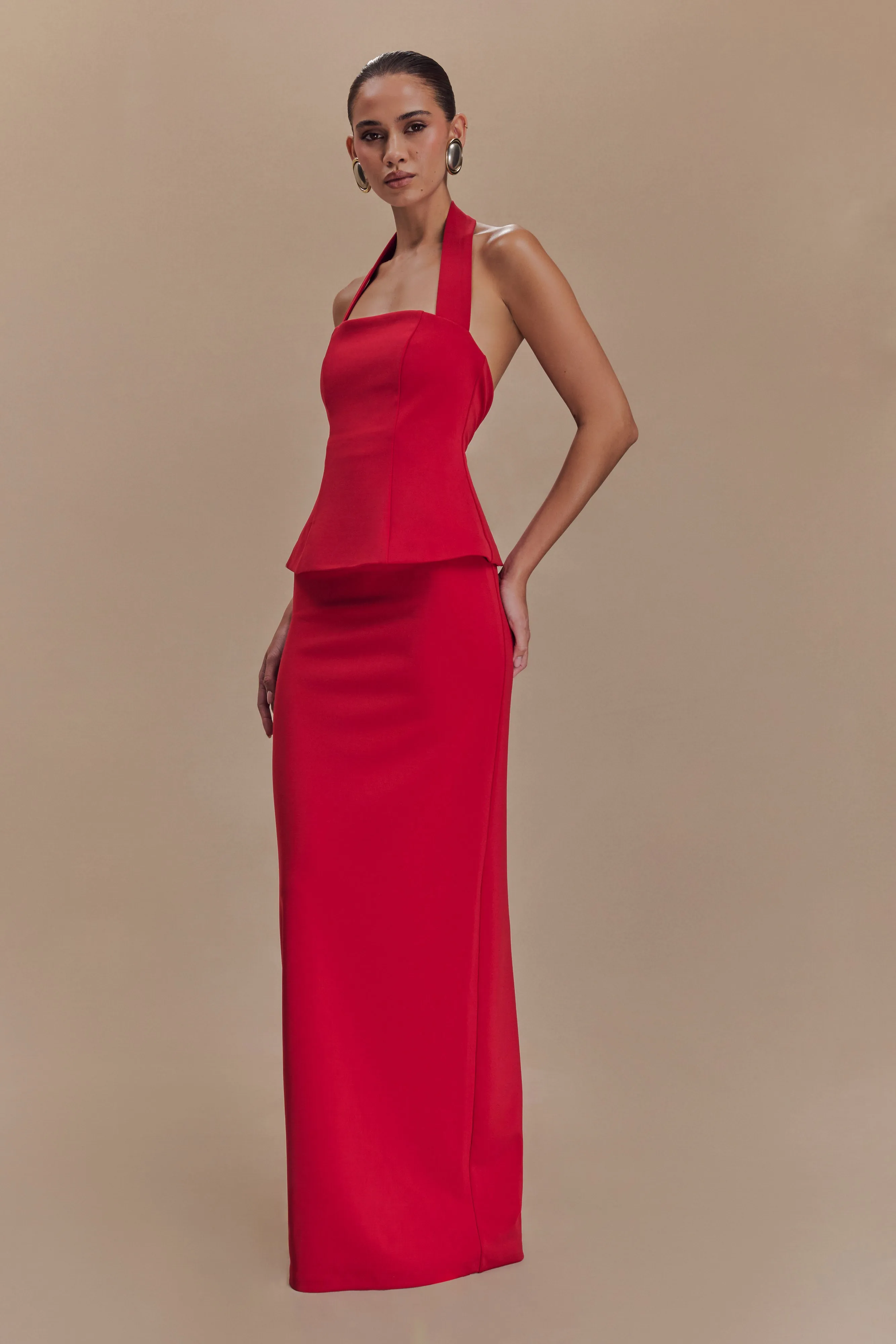 Bertie Peplum Halter Maxi Dress - Ruby Vibrant Waist Elegant Piece