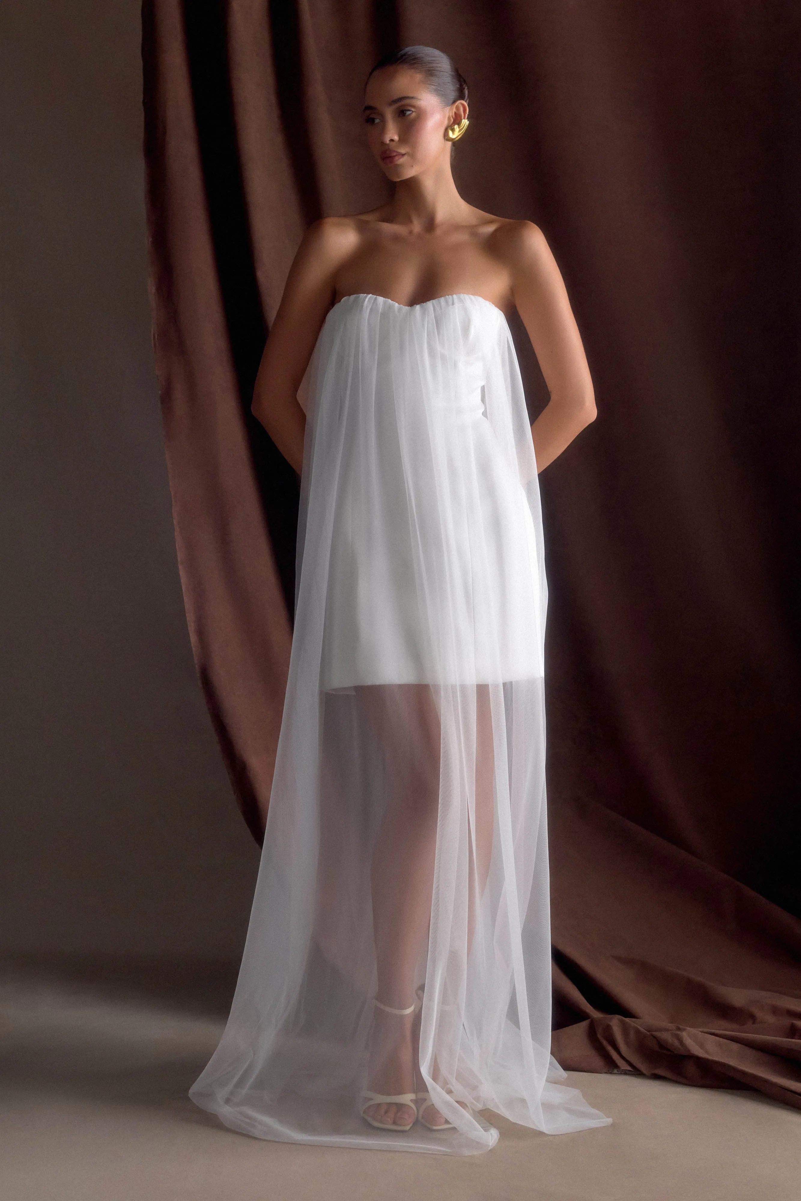 Bettany Chiffon Strapless Maxi Dress - White Satin Finish Pleated-Texture