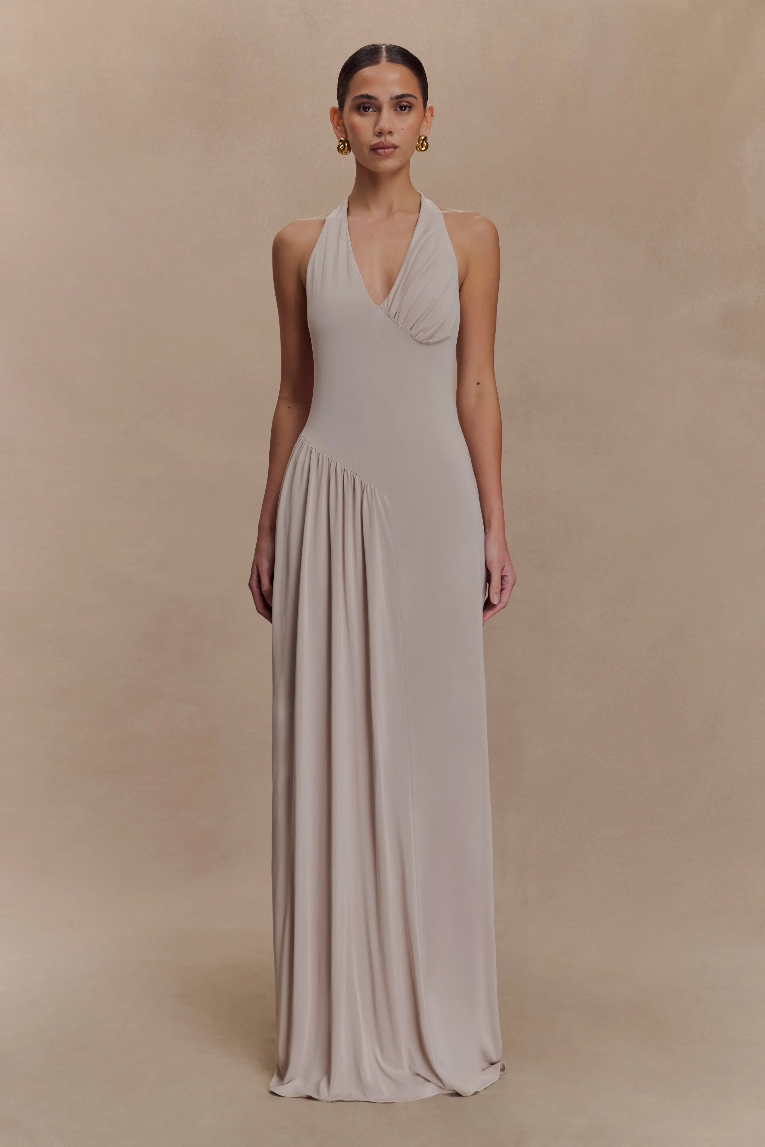 Button Accent Daily Favorite Yelena Ruched Halter Maxi Dress - Taupe